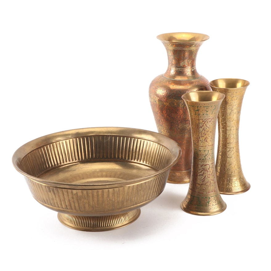 Embossed Brass Vases with Centerpiece Bowl