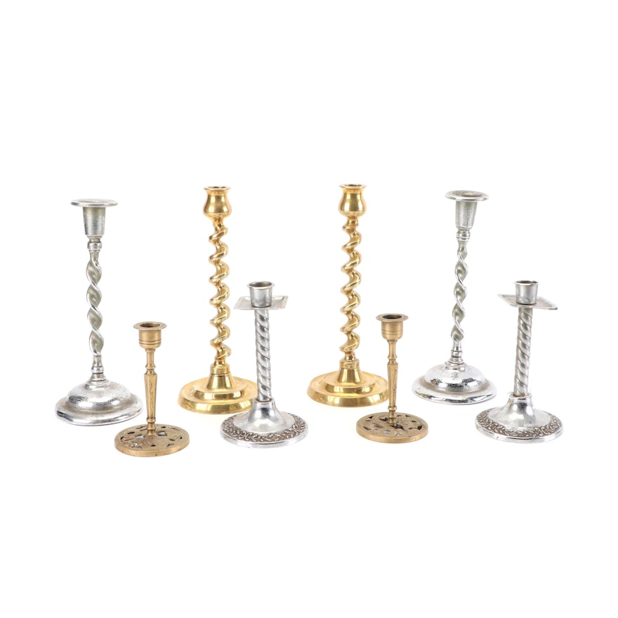 Brass and Chrome Twist Candlesticks with Chinese Brass Dragon Candlesticks