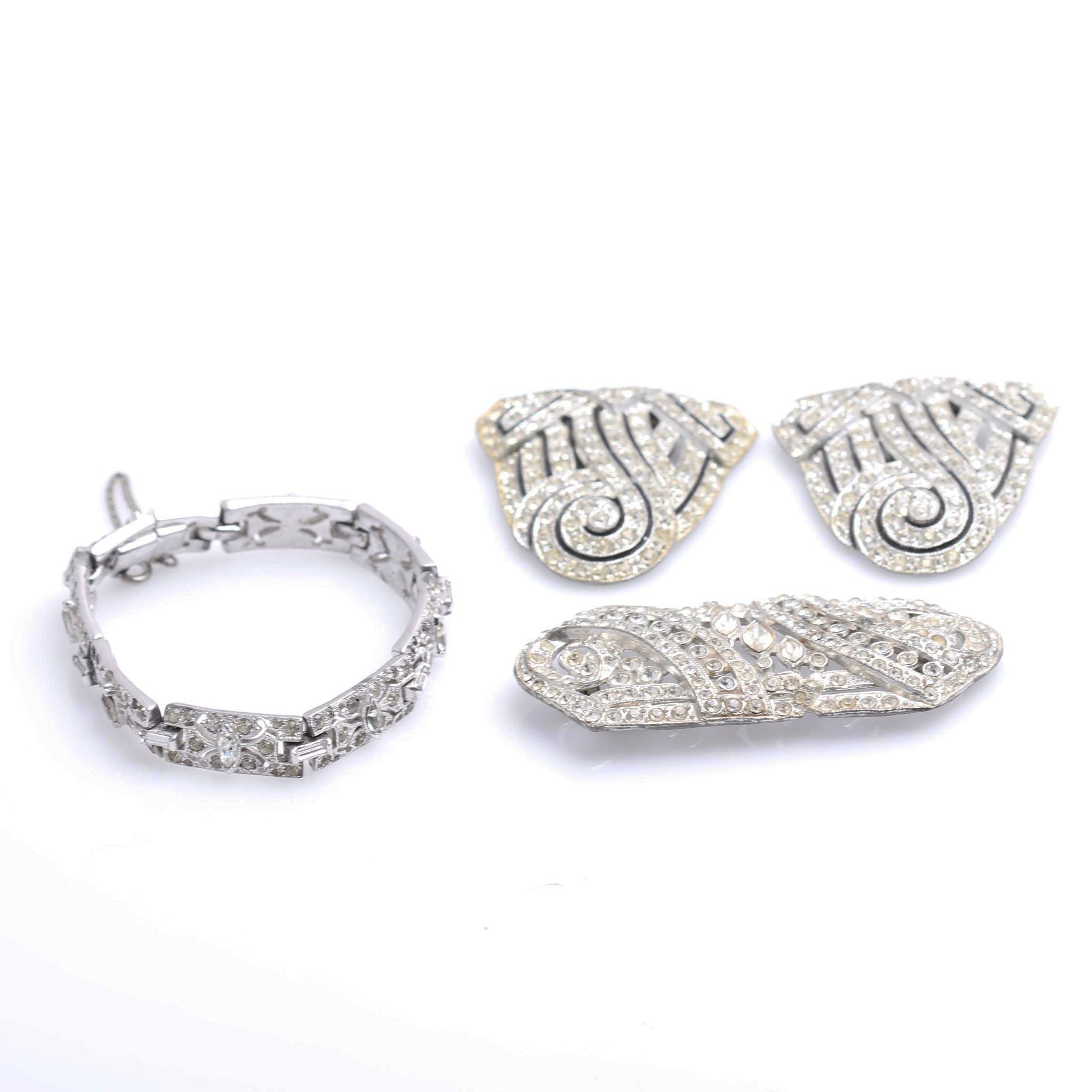 Vintage Rhinestone Shoe Clips, Bracelet, and Brooch