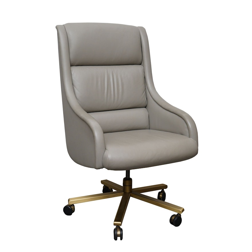 Grey Leather Rolling Swivel Chair by Baker