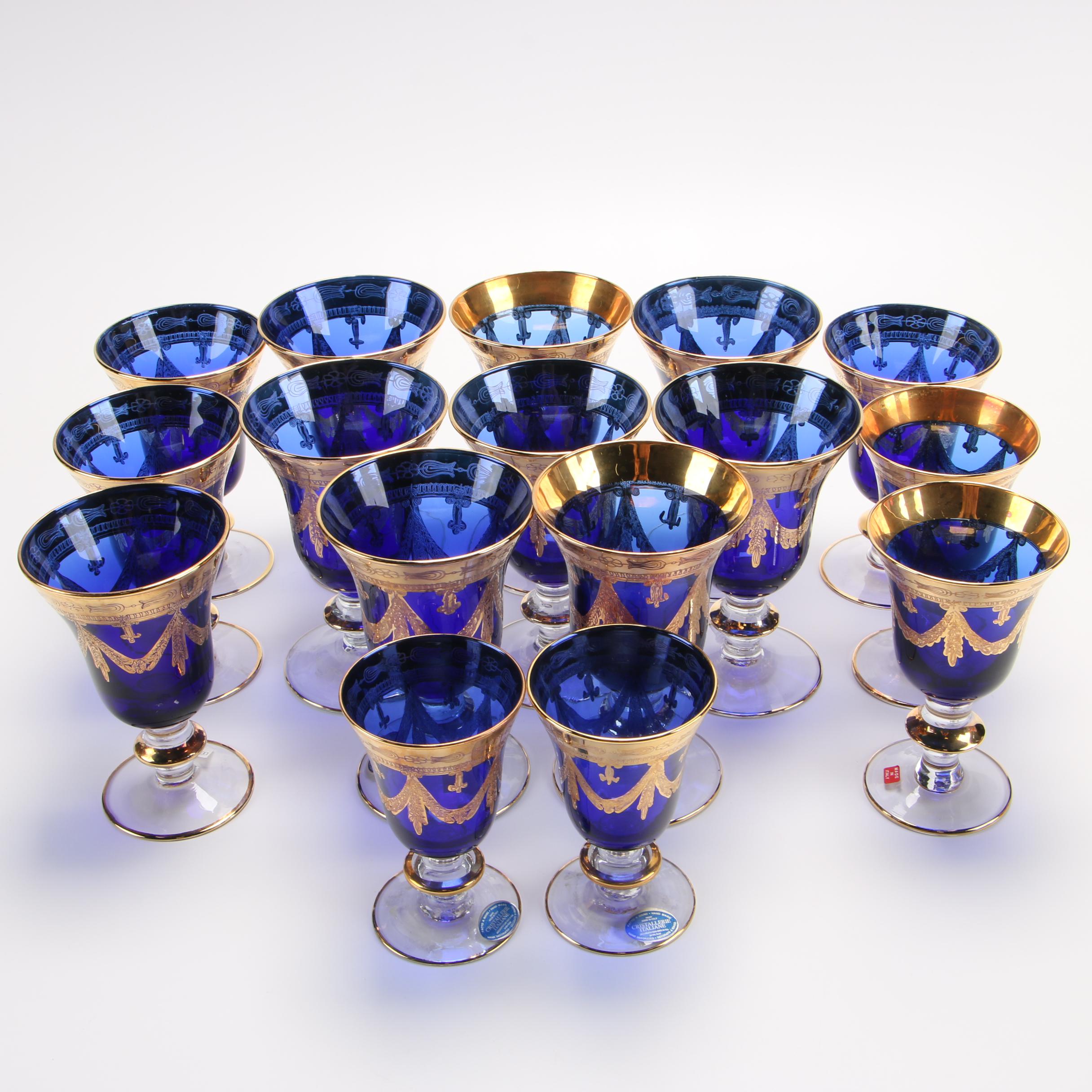 Italian Gold Decorated Cobalt Blue Glass Stemware
