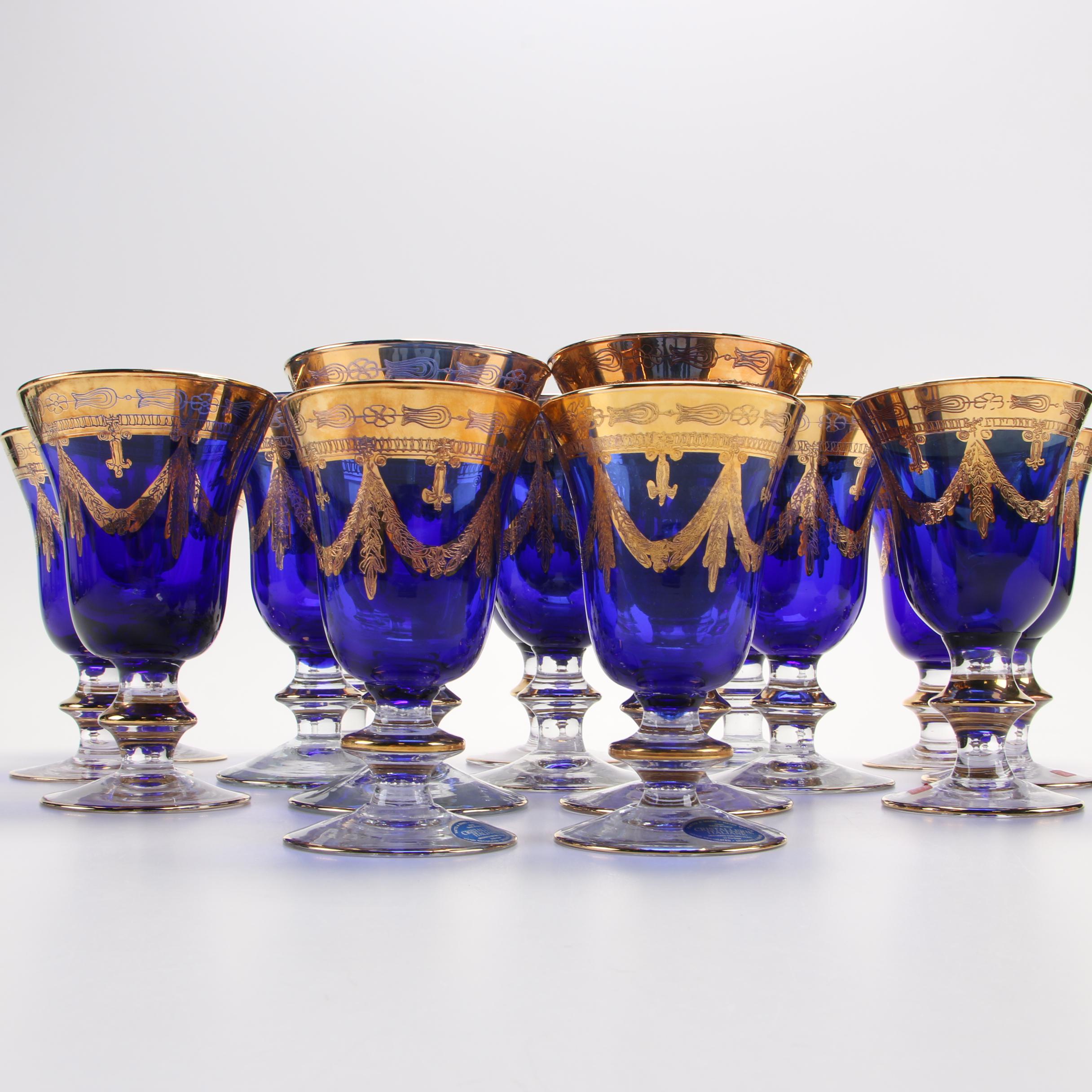 Italian Gold Decorated Cobalt Blue Glass Stemware