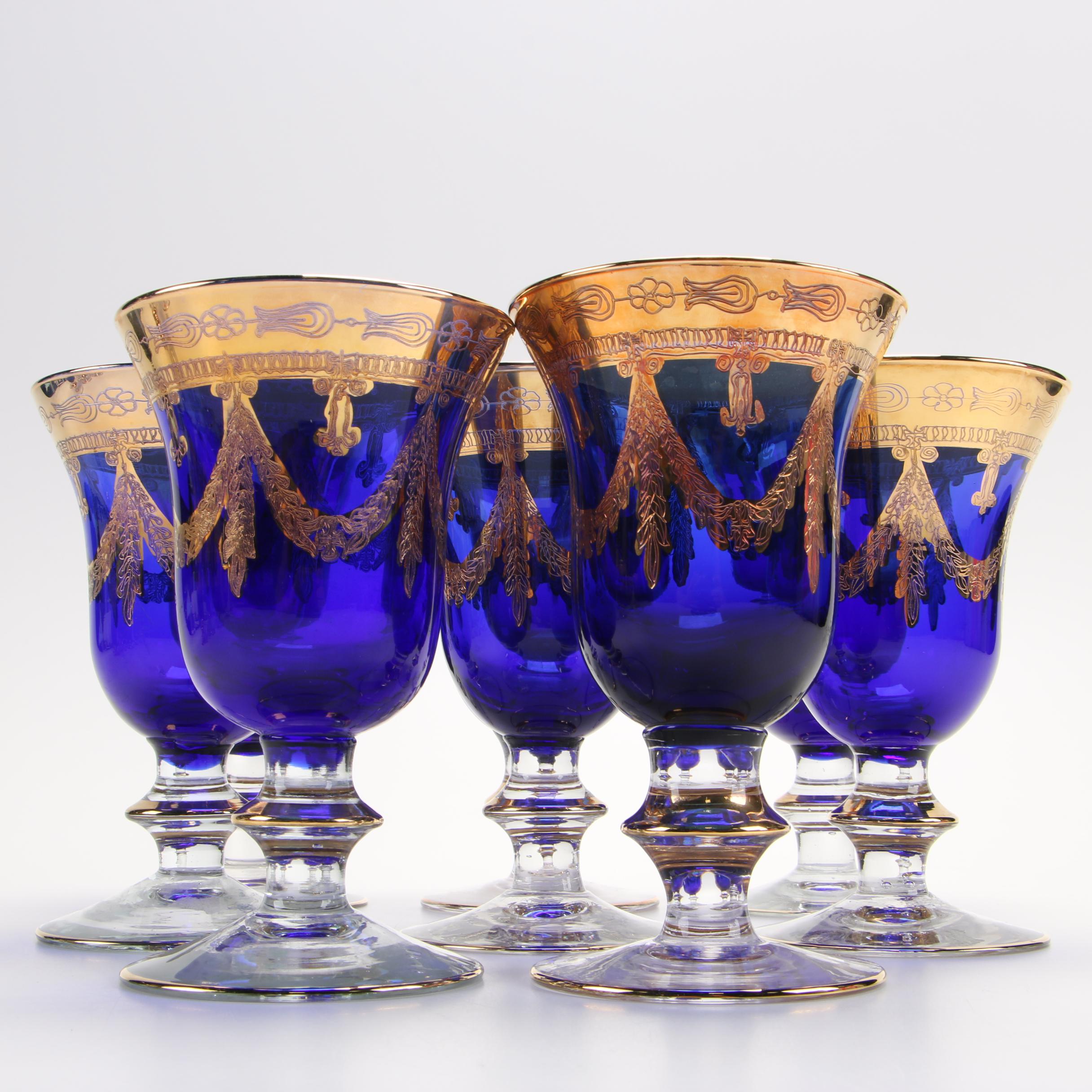 Italian Gold Decorated Cobalt Blue Glass Stemware