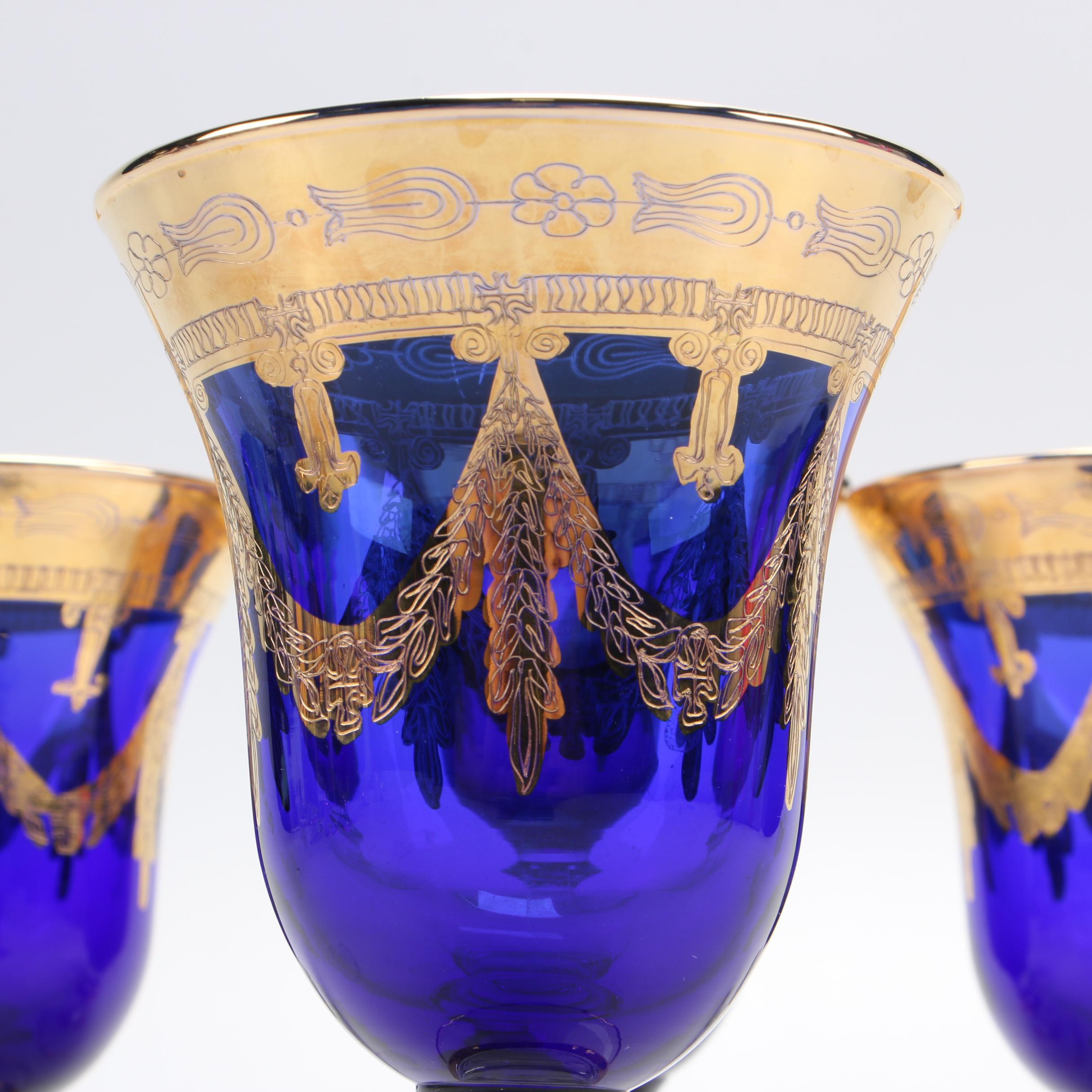 Italian Gold Decorated Cobalt Blue Glass Stemware