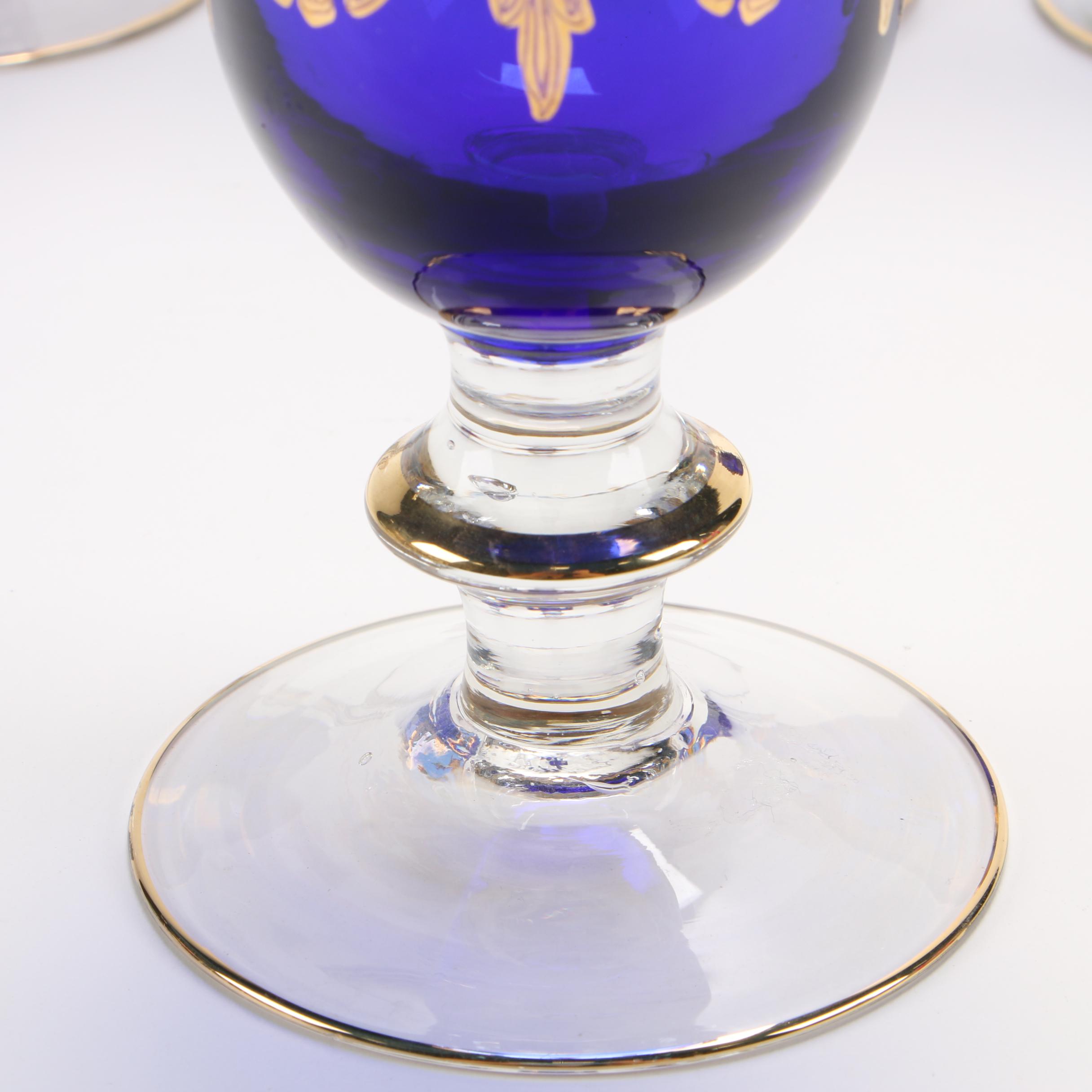 Italian Gold Decorated Cobalt Blue Glass Stemware