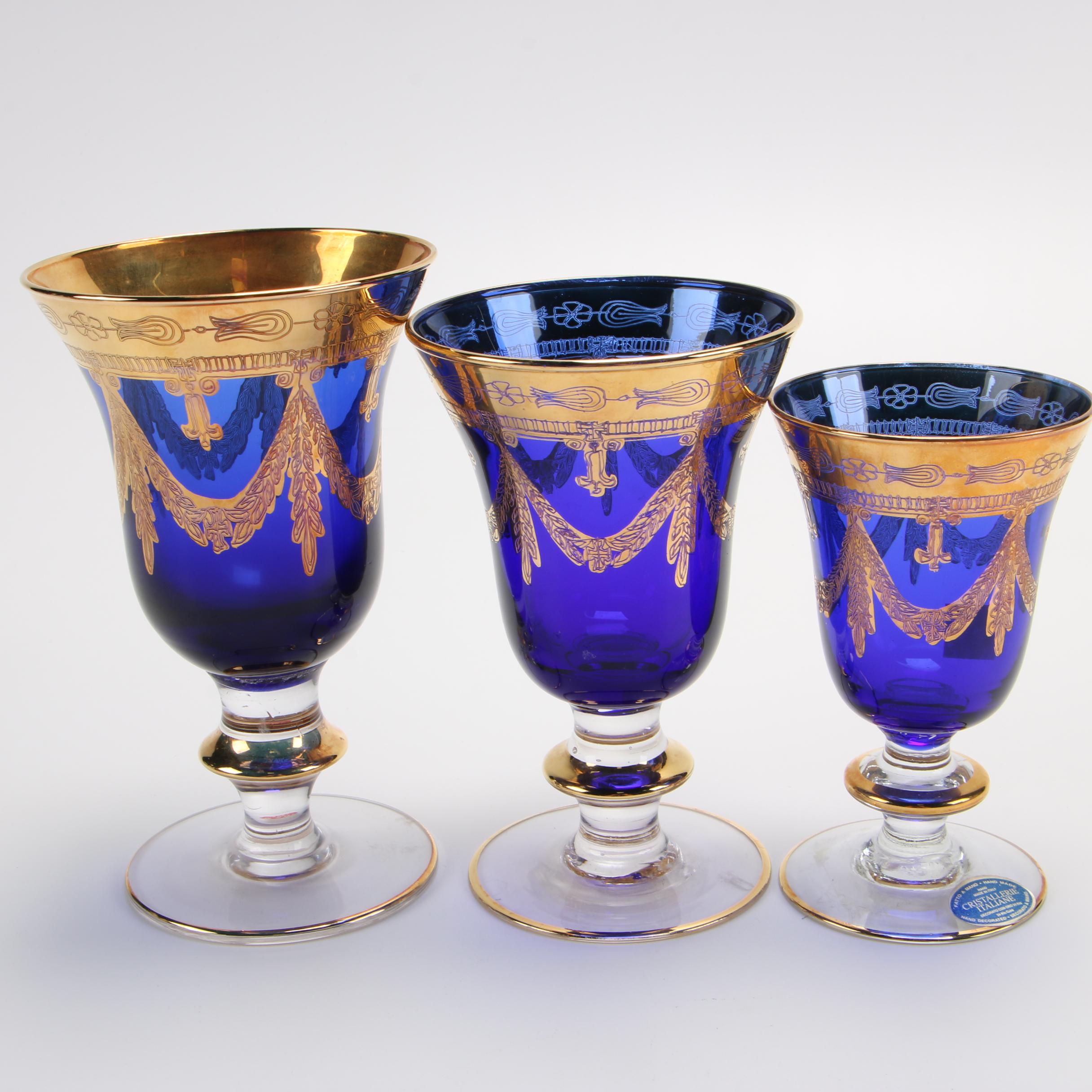 Italian Gold Decorated Cobalt Blue Glass Stemware