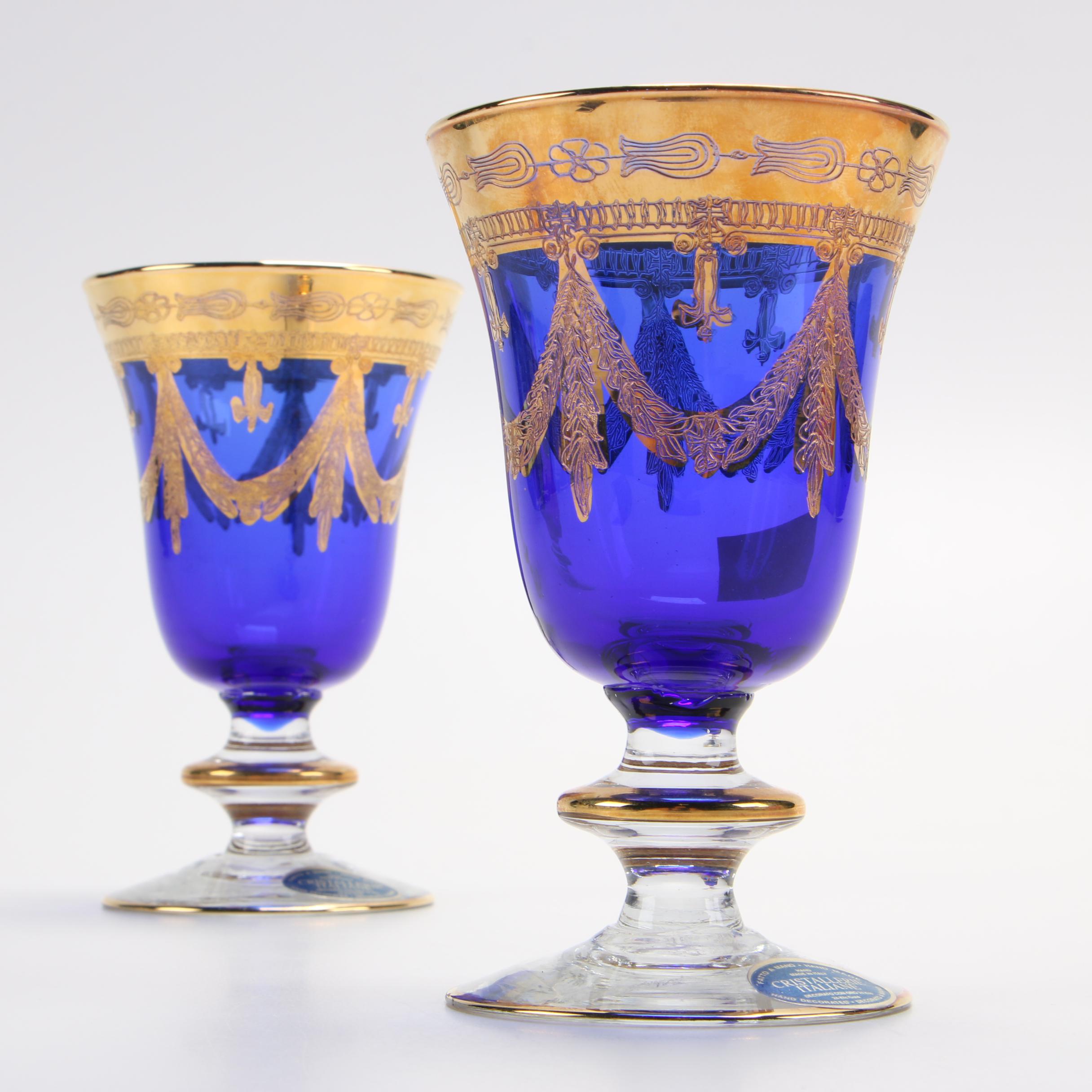 Italian Gold Decorated Cobalt Blue Glass Stemware