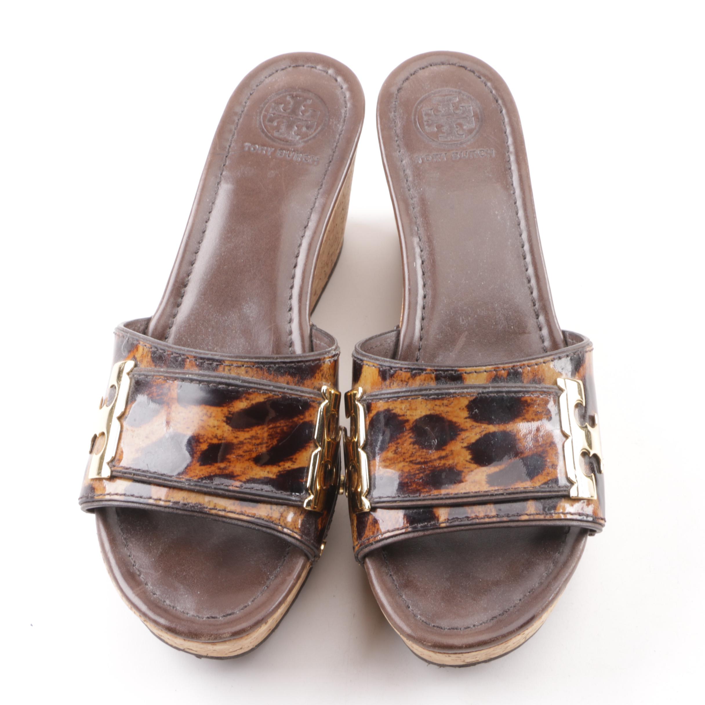 Tory Burch Animal Print Patent Leather Slide Wedges