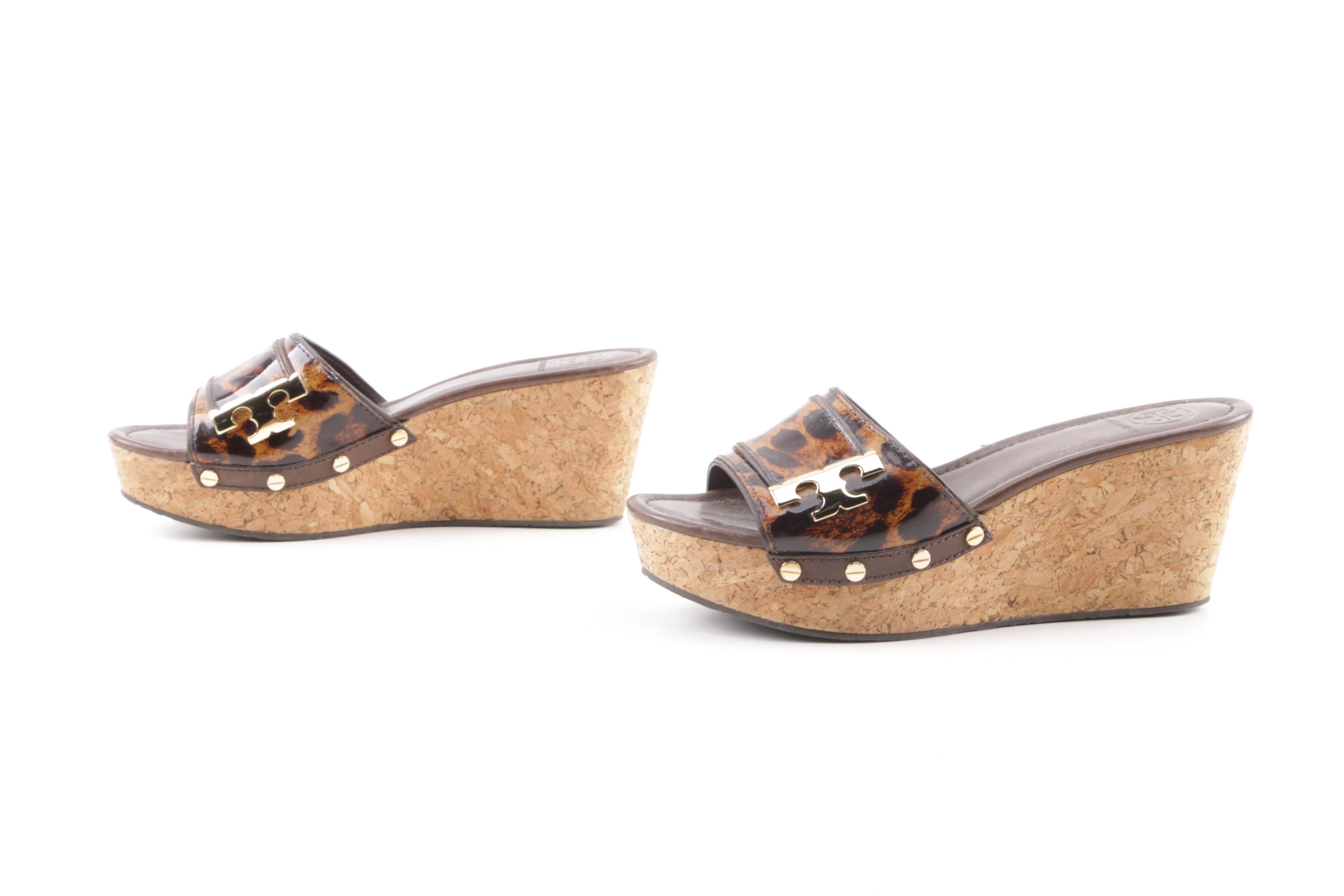 Tory Burch Animal Print Patent Leather Slide Wedges