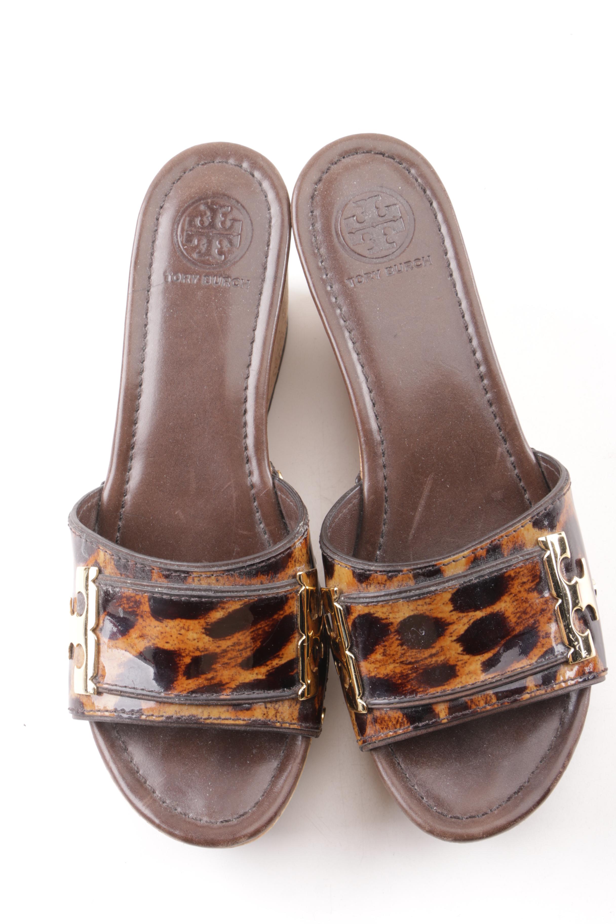 Tory Burch Animal Print Patent Leather Slide Wedges