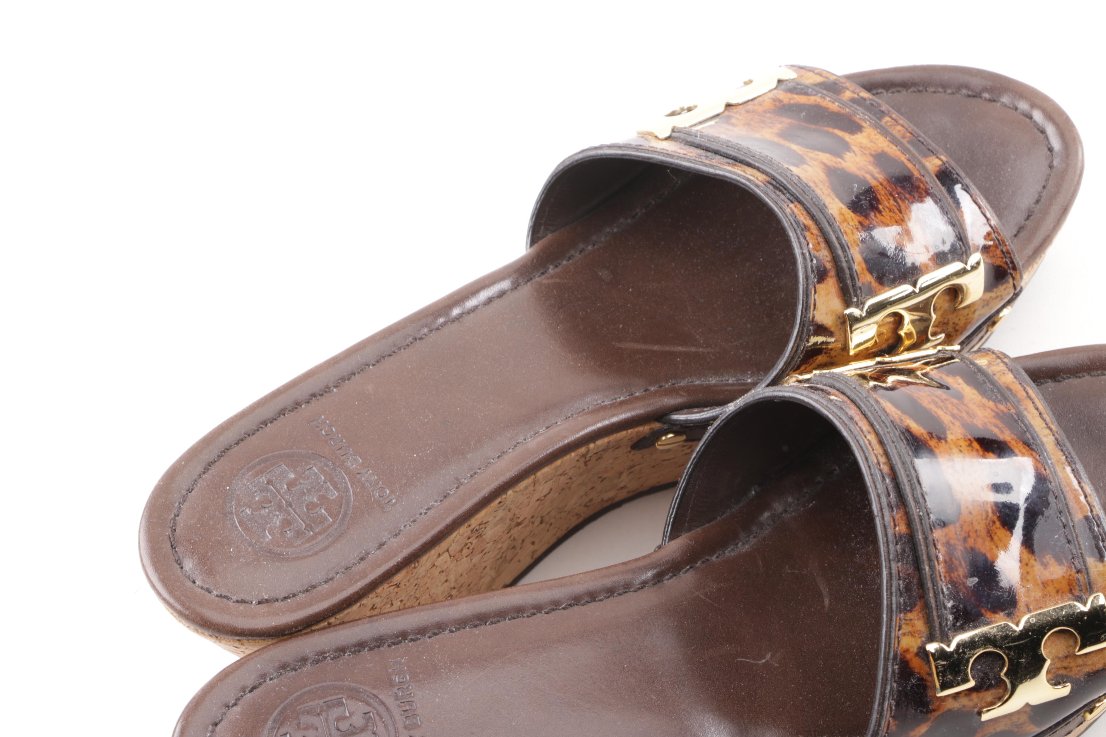 Tory Burch Animal Print Patent Leather Slide Wedges