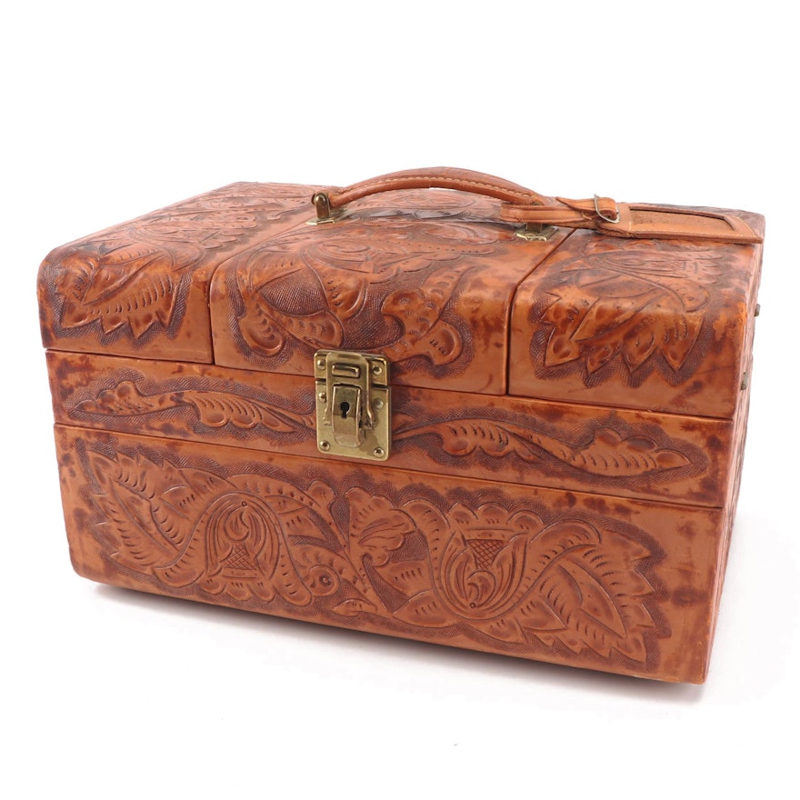 Vintage Hand Tooled Leather Jewelry Case