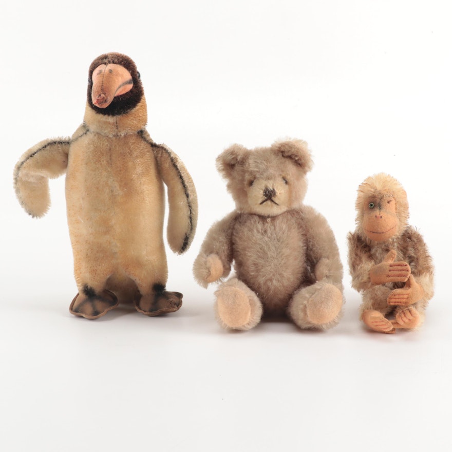 Vintage Steiff Style Penguin, Teddy Bear and Monkey Stuffed Toys