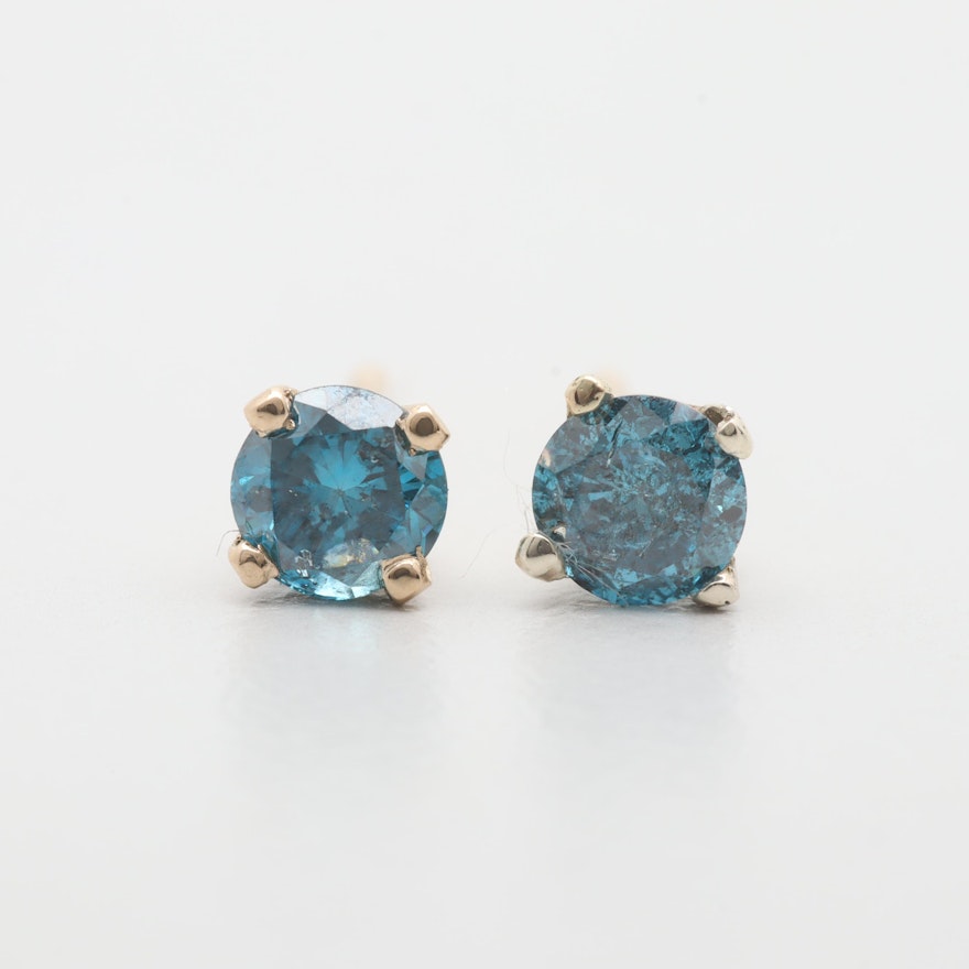 14K Yellow Gold Blue Diamond Stud Earrings