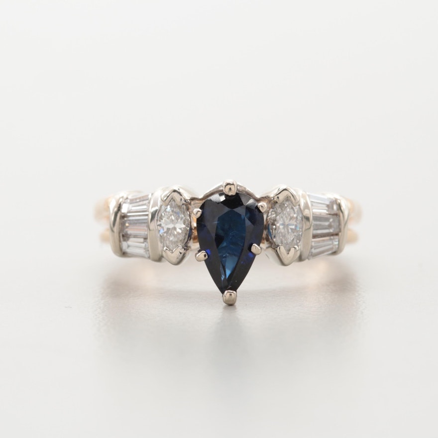 14K Yellow Gold Blue Sapphire and Diamond Ring