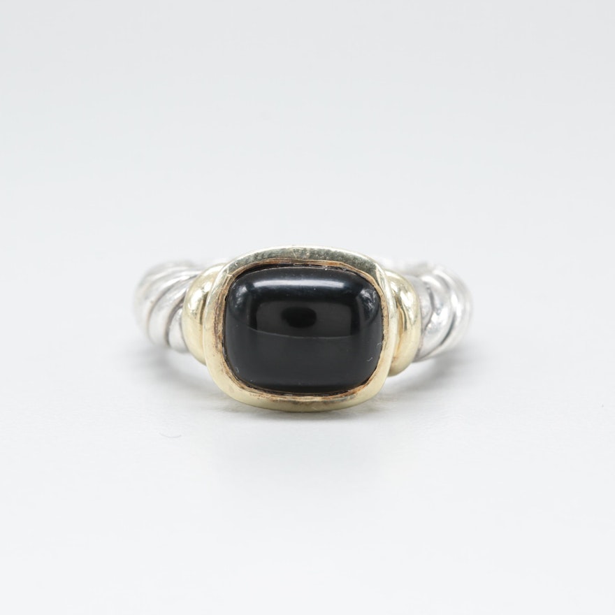 David Yurman Sterling Silver "Noblesse" Black Onyx Ring with 14K Gold Accents