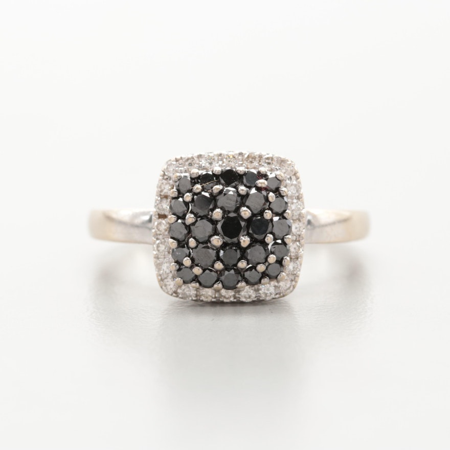 14K White Gold Diamond Ring Featuring Black Diamond Center