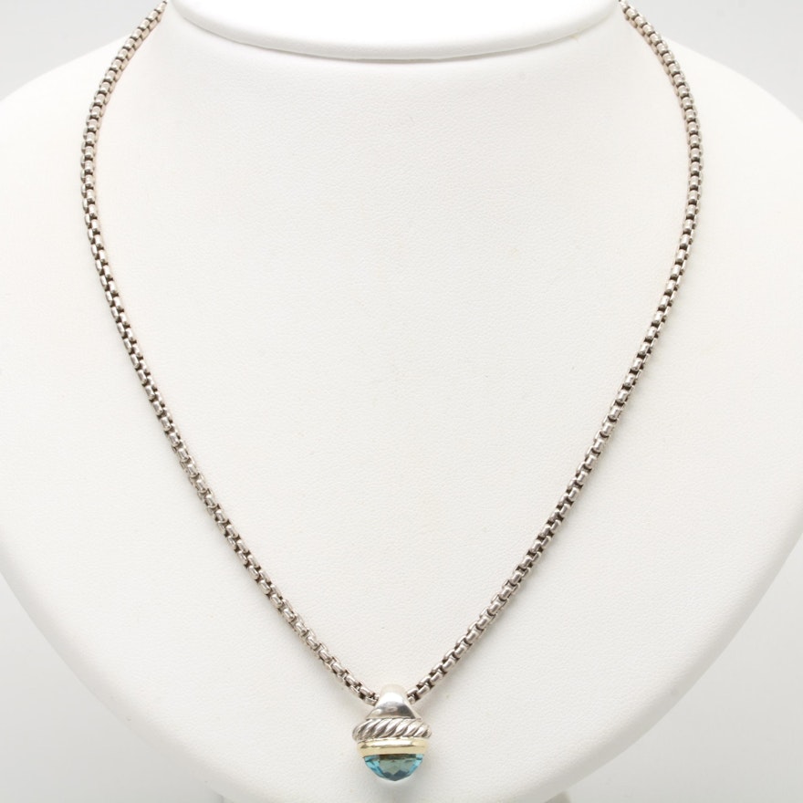 David Yurman Sterling Silver Blue Topaz Acorn Pendant Necklace with 14K Accents