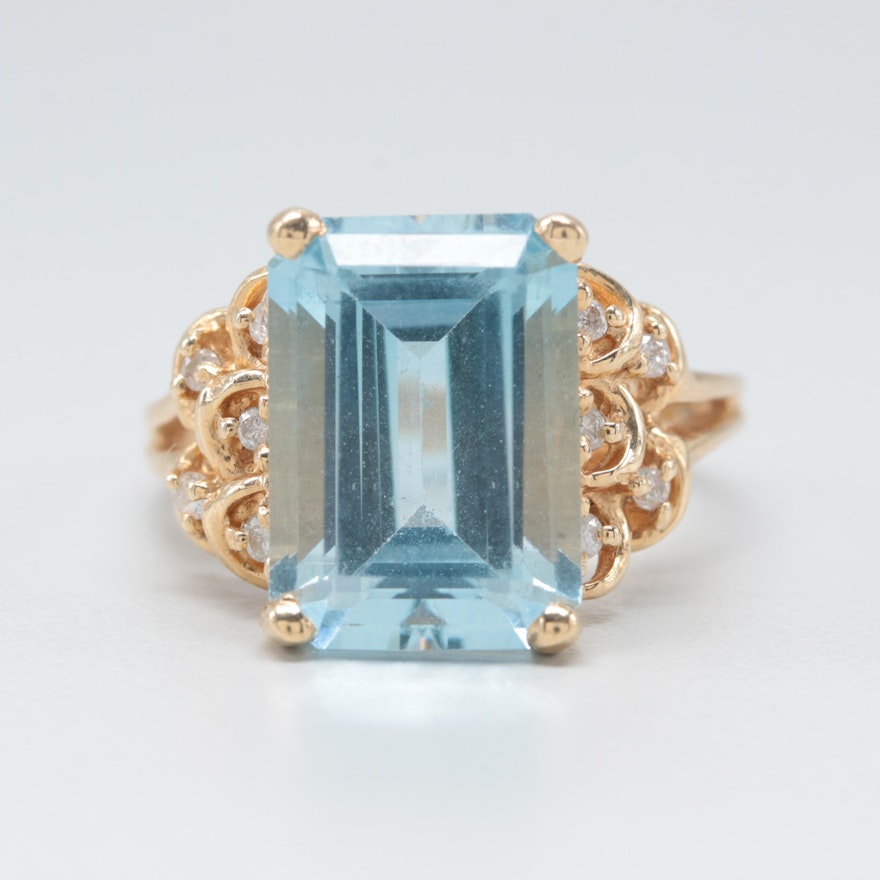 14K Yellow Gold Blue Topaz and Diamond Ring