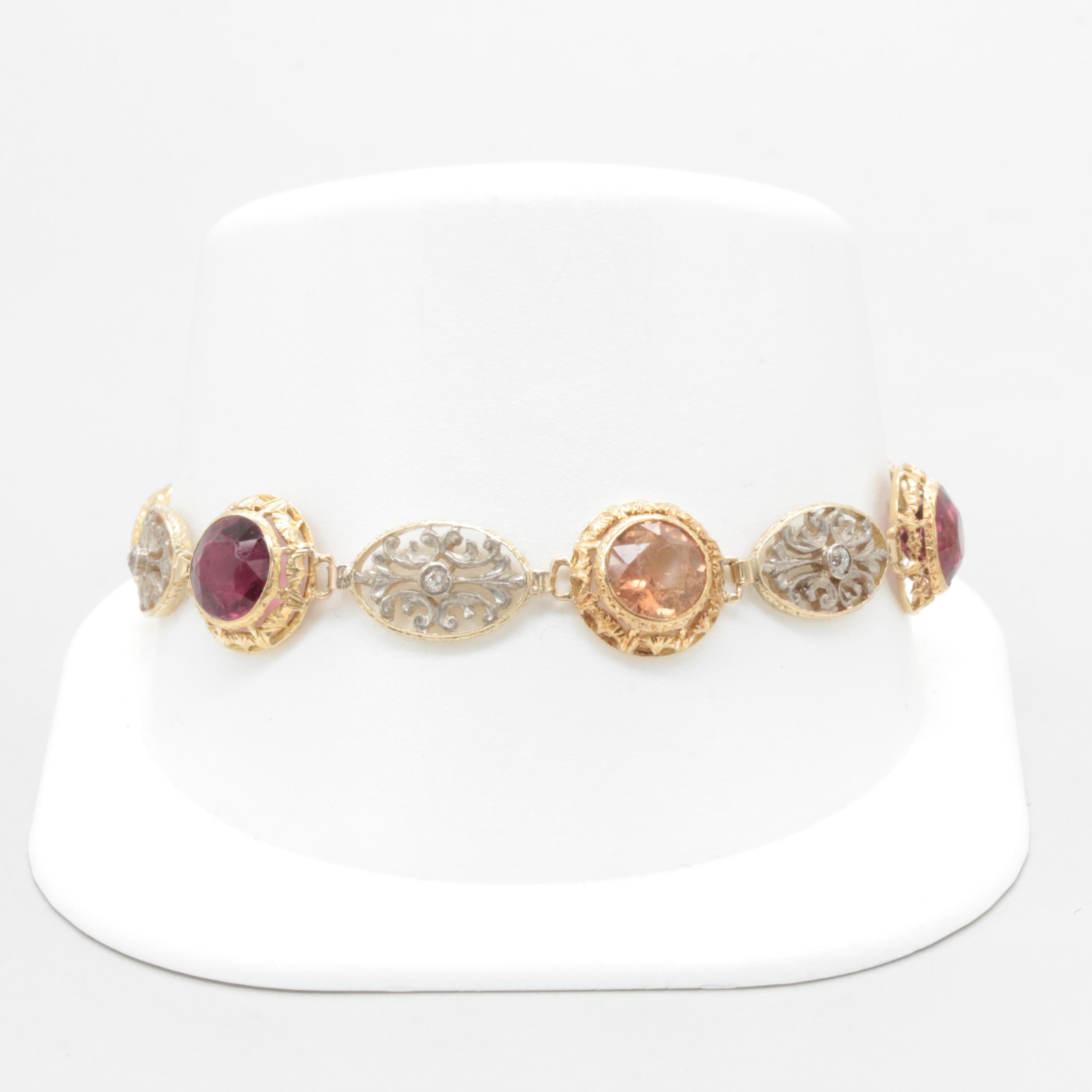 14K Yellow Gold and Sterling Silver Quartz, Diamond, and Tourmaline Bracelet