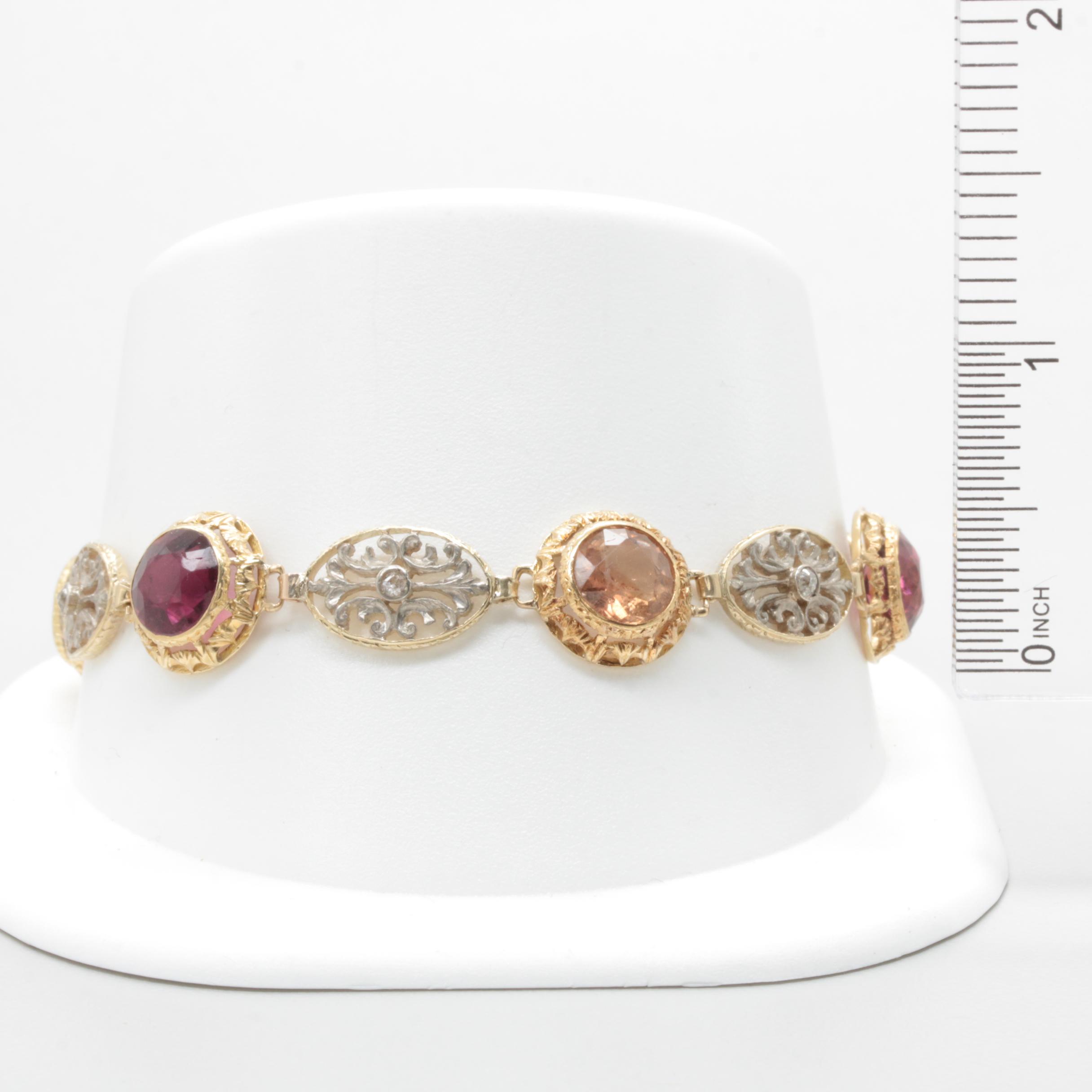 14K Yellow Gold and Sterling Silver Quartz, Diamond, and Tourmaline Bracelet