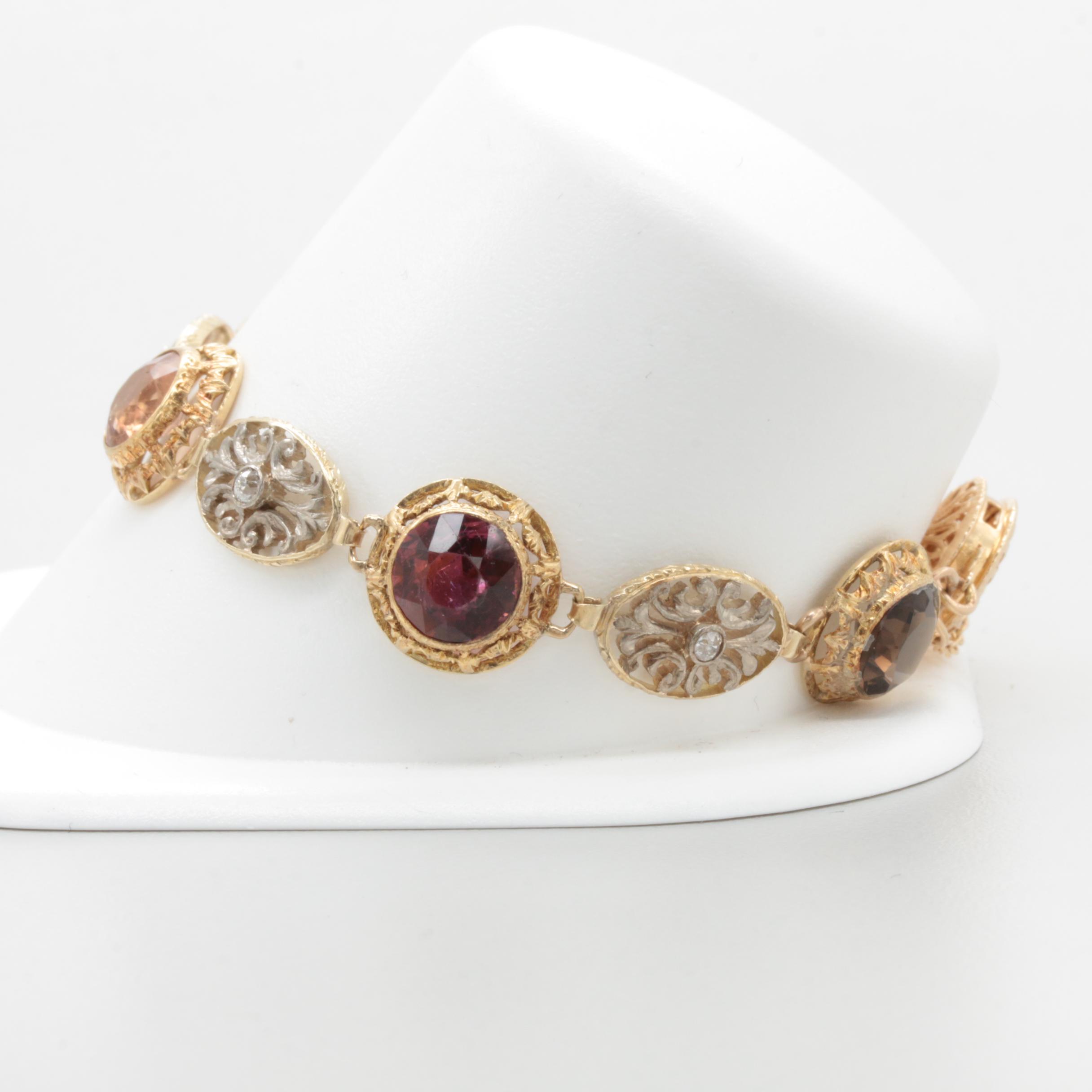 14K Yellow Gold and Sterling Silver Quartz, Diamond, and Tourmaline Bracelet