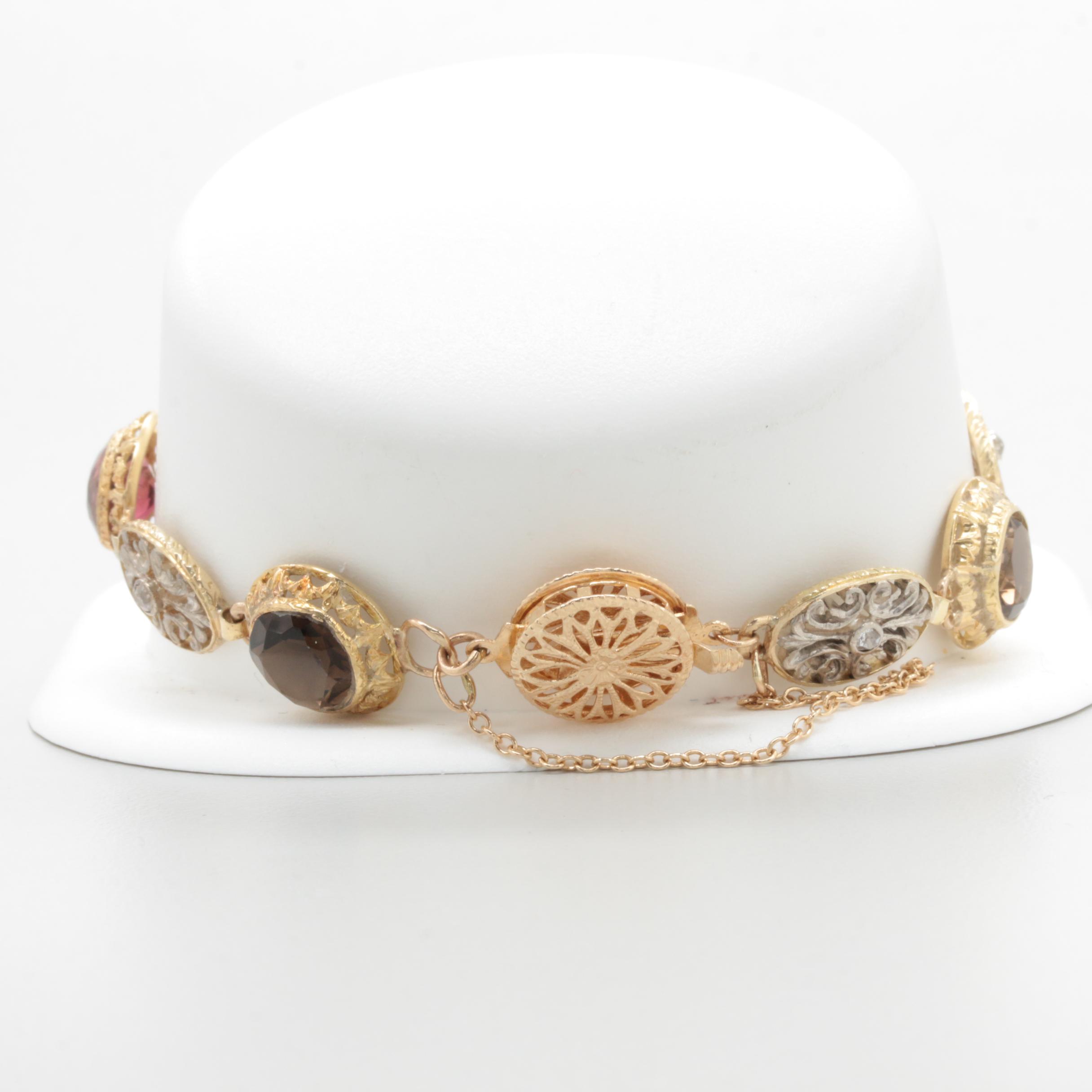 14K Yellow Gold and Sterling Silver Quartz, Diamond, and Tourmaline Bracelet
