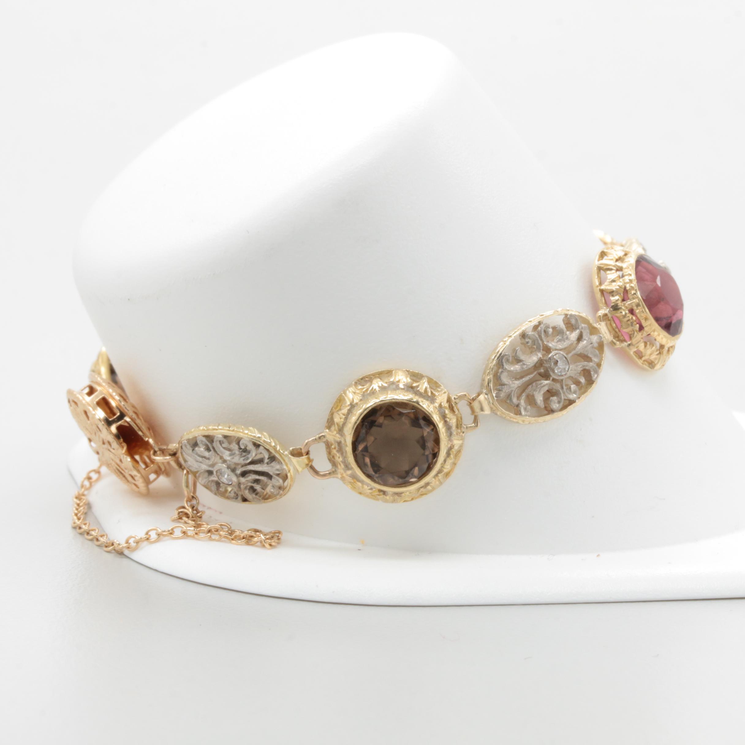 14K Yellow Gold and Sterling Silver Quartz, Diamond, and Tourmaline Bracelet
