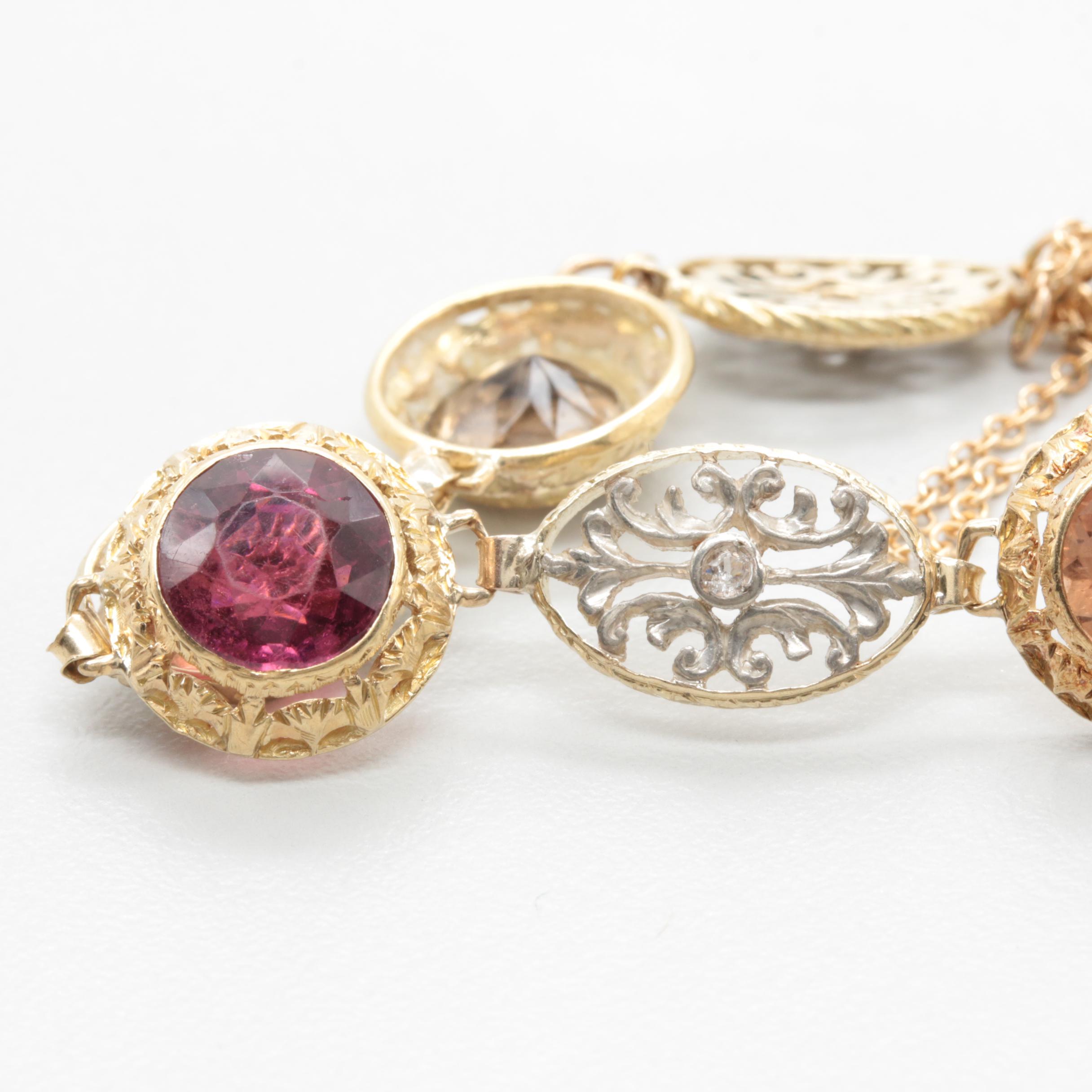 14K Yellow Gold and Sterling Silver Quartz, Diamond, and Tourmaline Bracelet