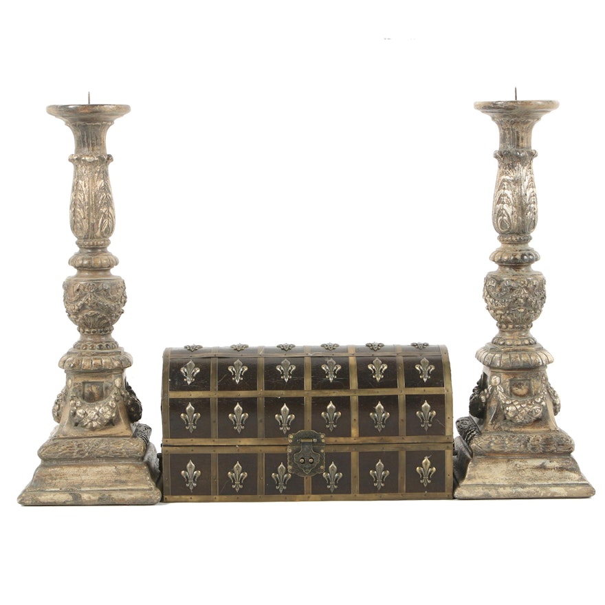 Tall Baroque Style Candle Holders and Decorative Box