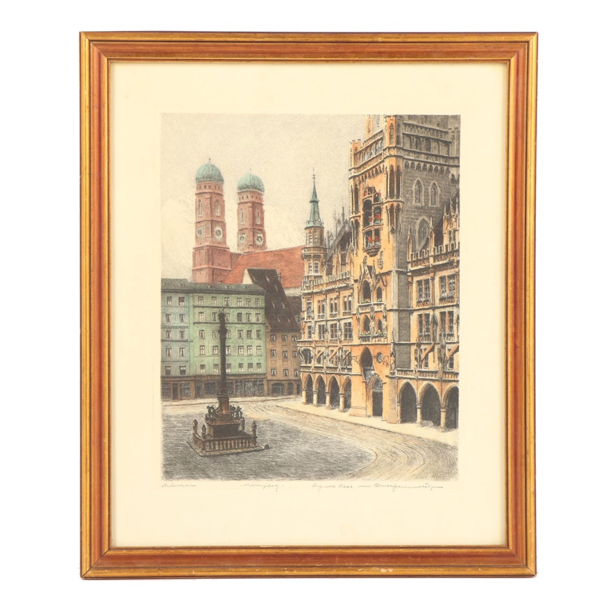 Vintage Hand Colored Etching of European Citiscape