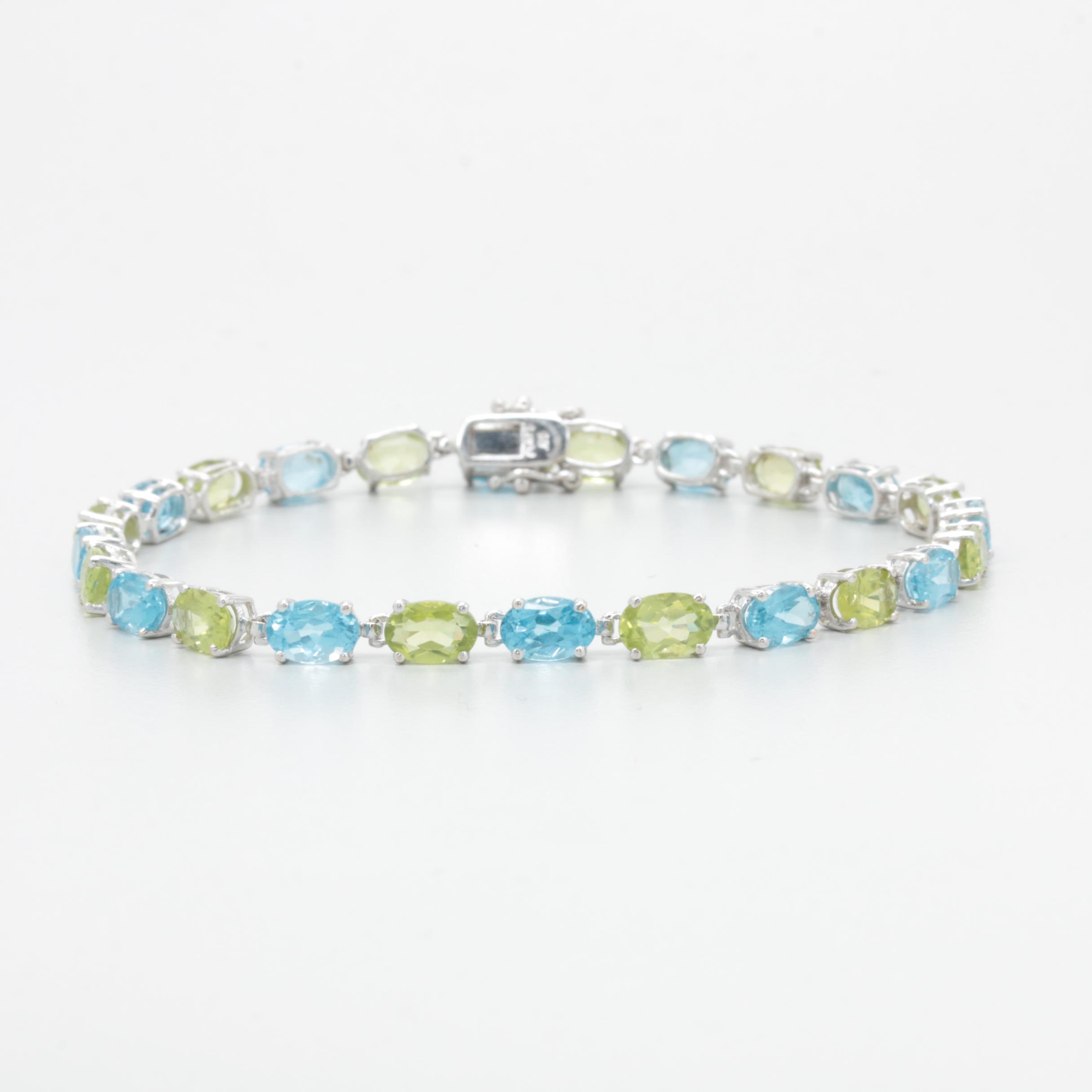 14K White Gold Peridot and Blue Topaz Link Bracelet