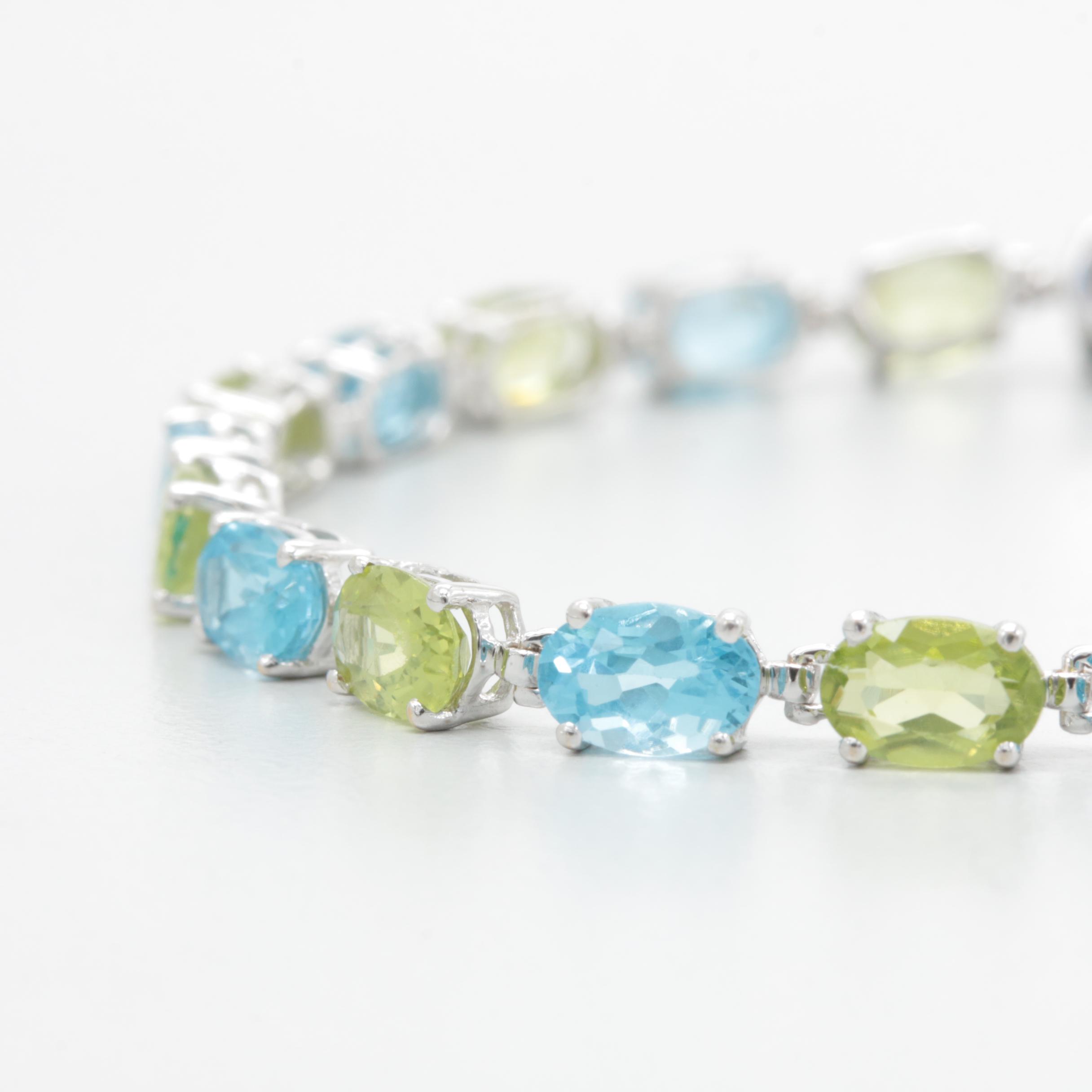 14K White Gold Peridot and Blue Topaz Link Bracelet