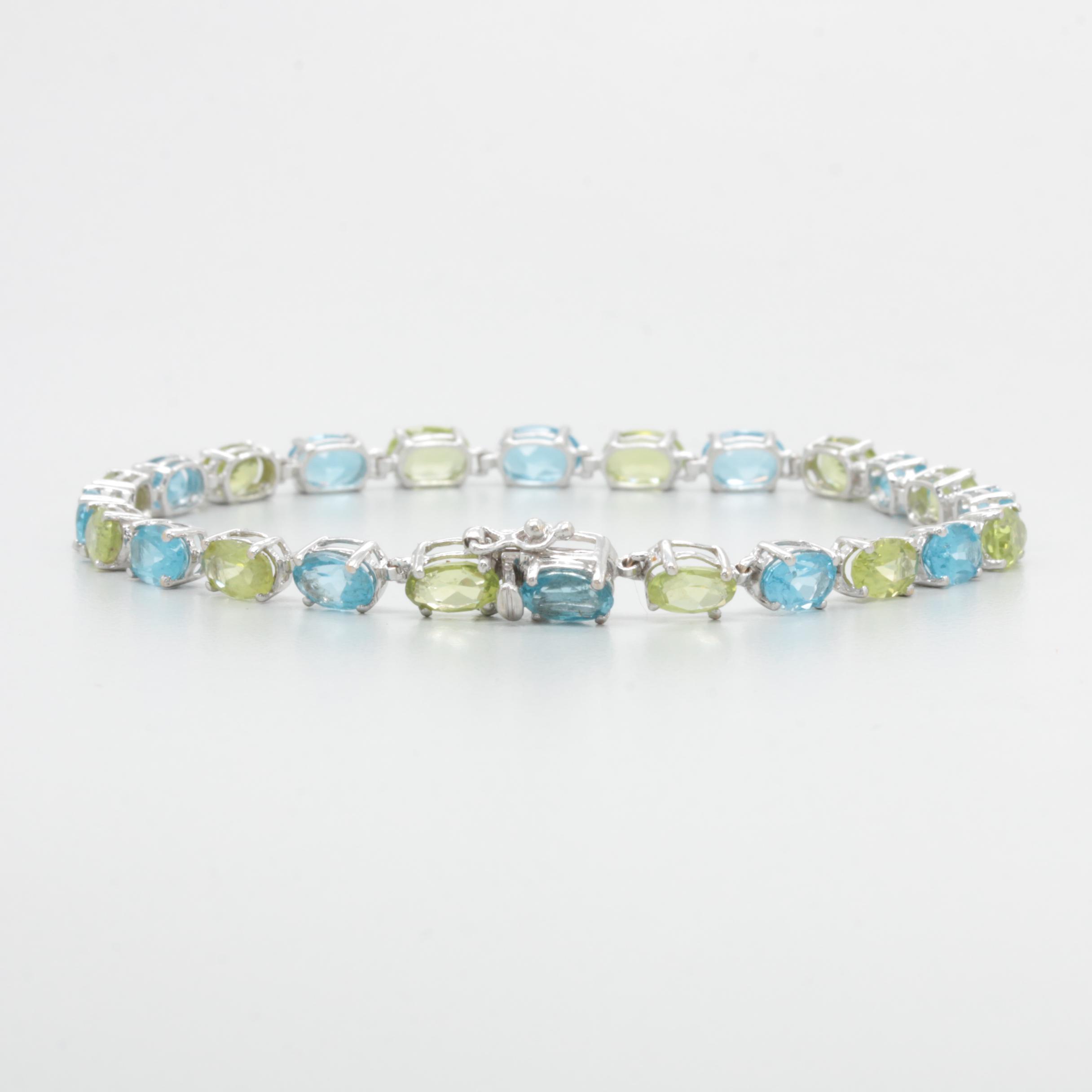 14K White Gold Peridot and Blue Topaz Link Bracelet