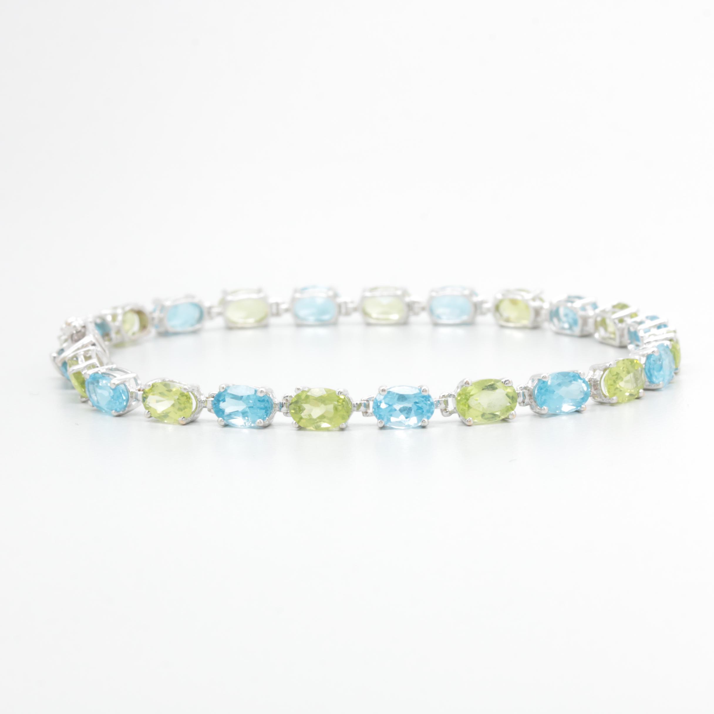 14K White Gold Peridot and Blue Topaz Link Bracelet