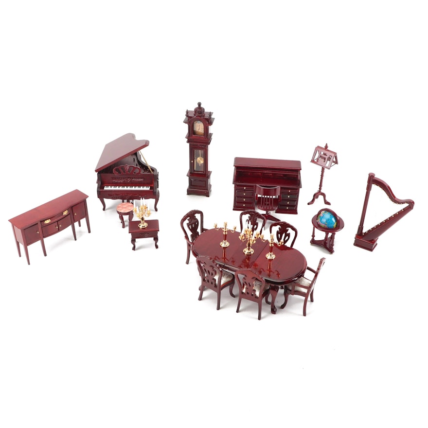 Grand Piano Music Box, Grandfather Clock, Globe and Other Miniature Furniture