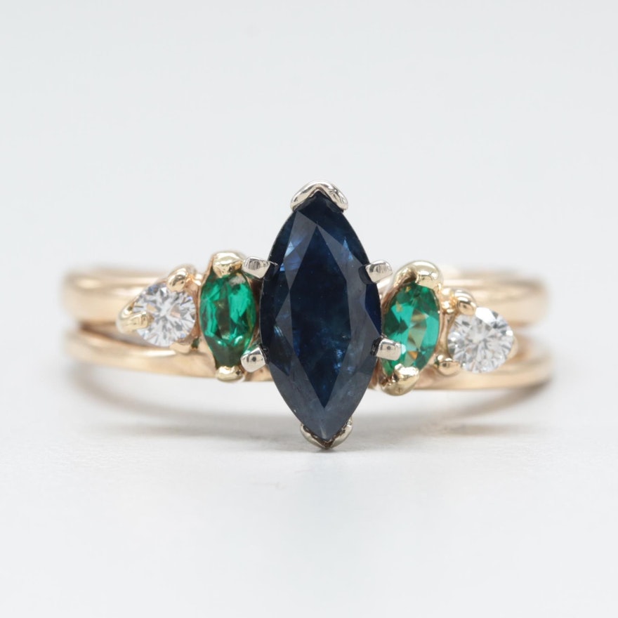 14K Yellow Gold Sapphire, Synthetic Emerald, and Diamond Ring