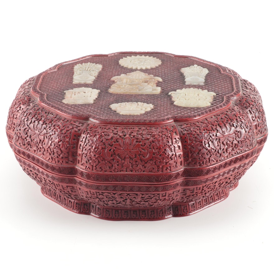 Chinese Cinnabar Carved Resin and Bowenite Wedding Box