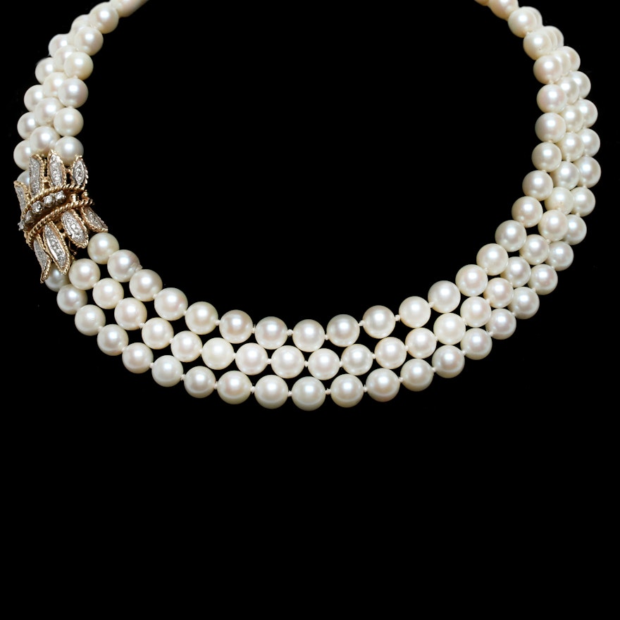 14K Yellow Gold Cultured Pearl and 1.00 CTW Diamond Necklace