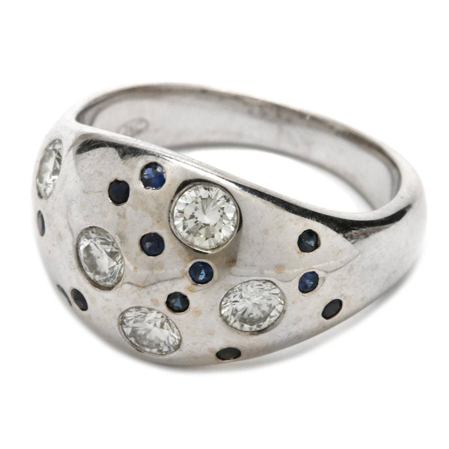 18K White Gold Blue Sapphire and Diamond Dome Ring