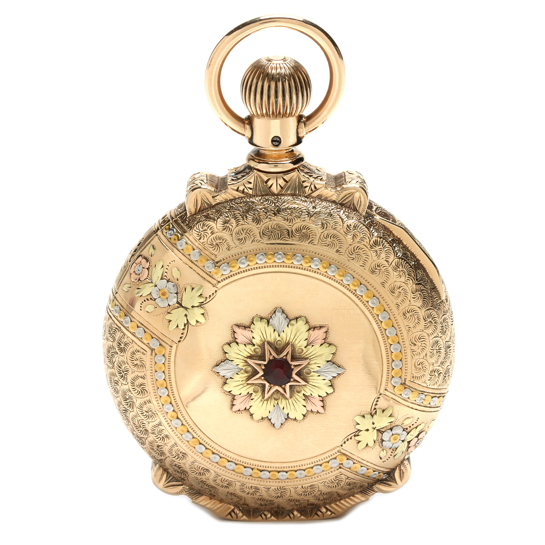 1891 John C. Dueber 14K Tri Color Gold Garnet Box Hinged Pocket Watch
