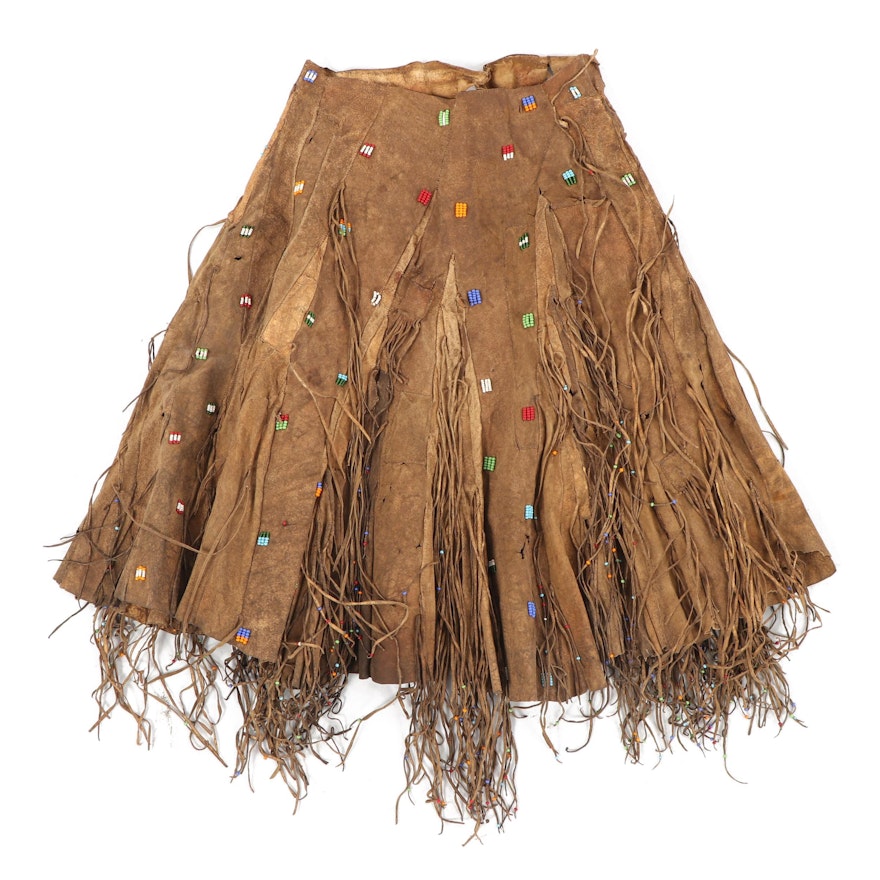 Antique Handmade Beaded Leather Fringed Skirt