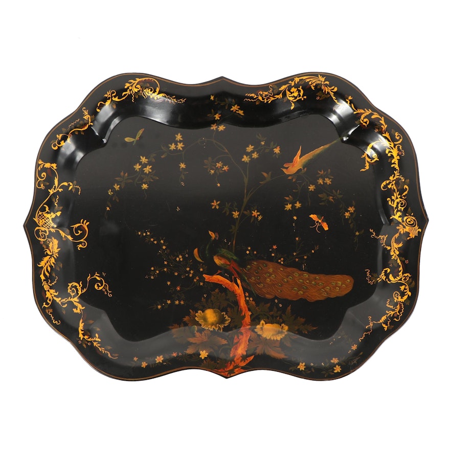 1950s Hand-Painted Toleware Tray with Peacock and Vine Motif
