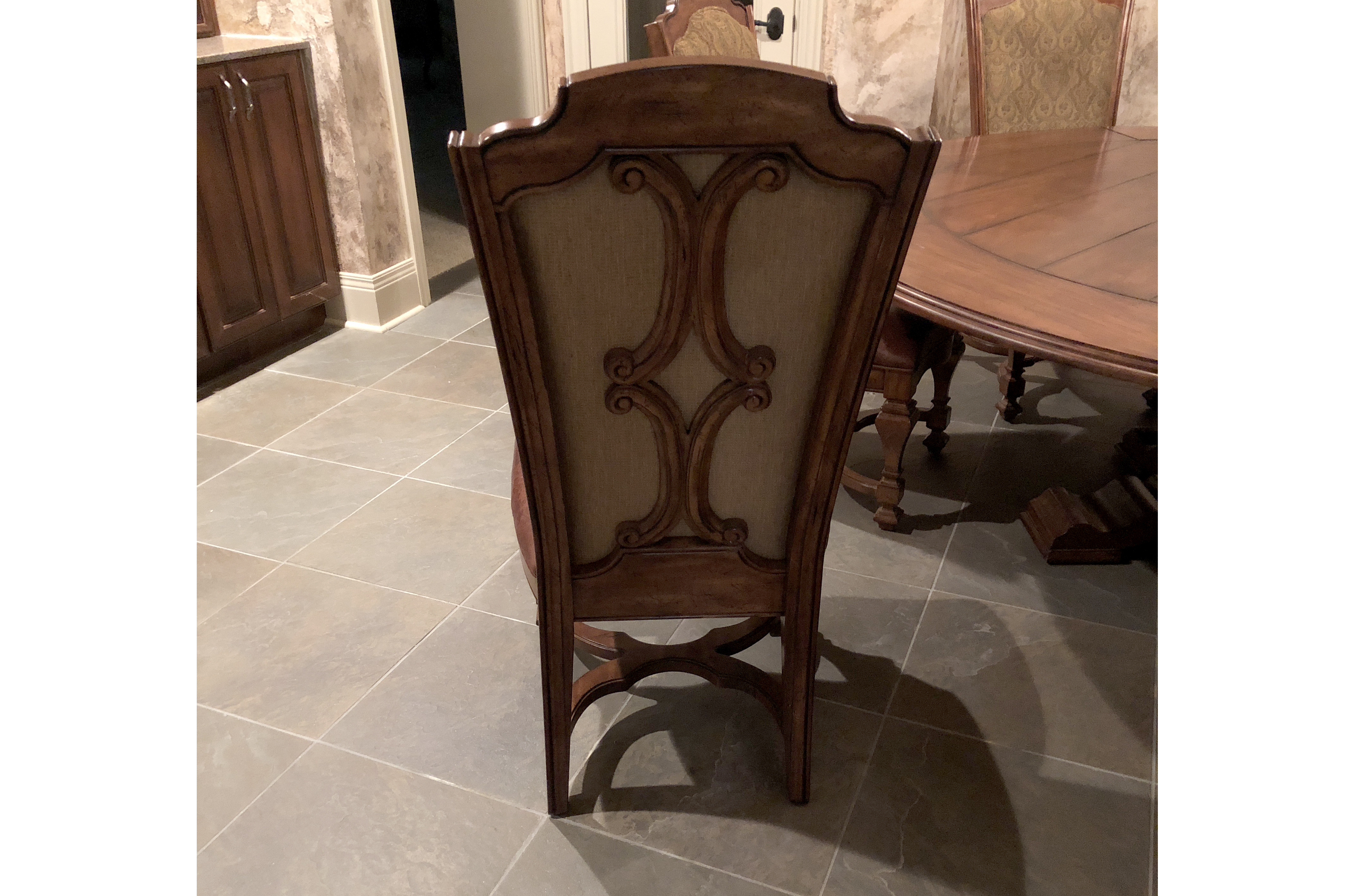 Contemporary Round Walnut Expandable Dining Table with Six Chairs by Stanley