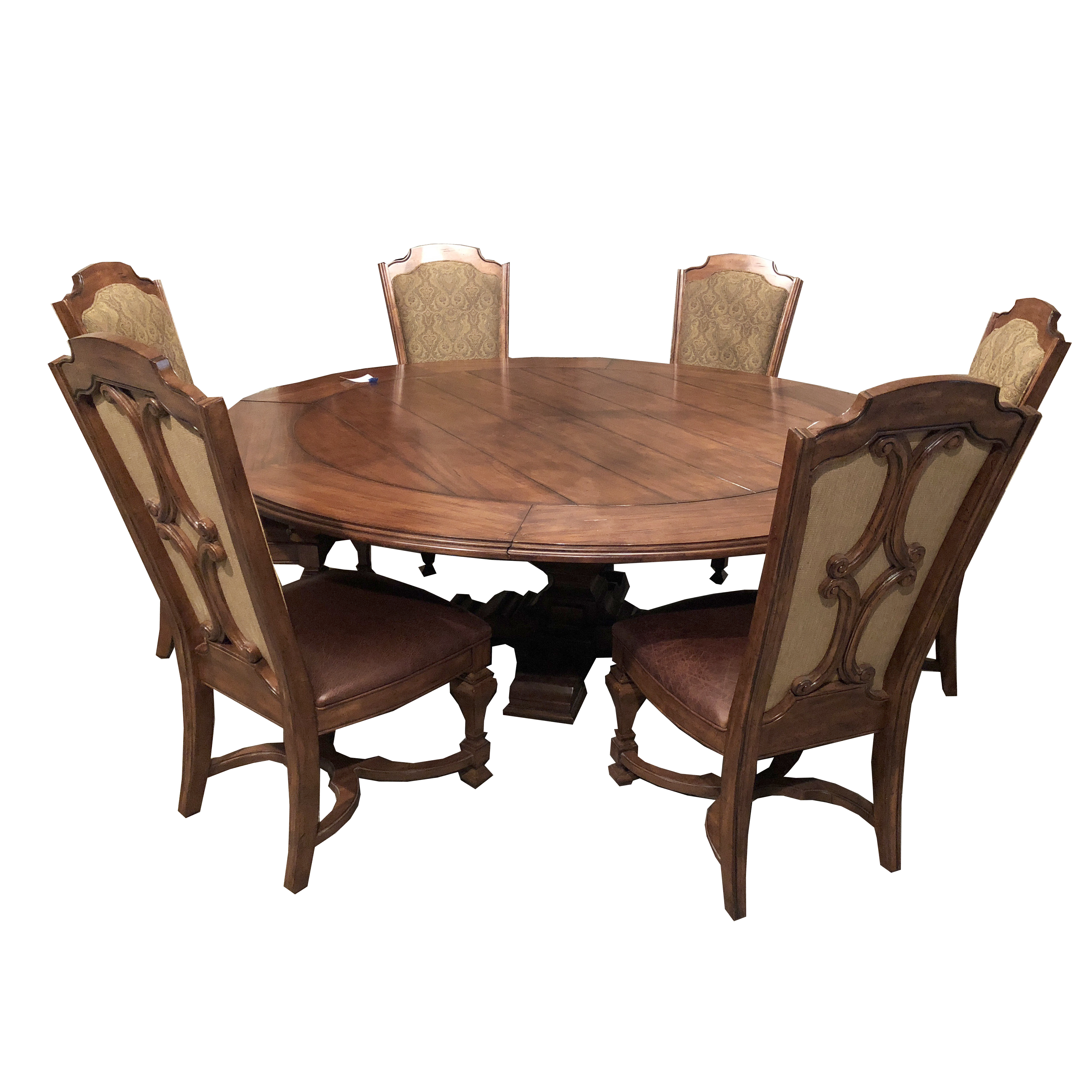 Contemporary Round Walnut Expandable Dining Table with Six Chairs by Stanley