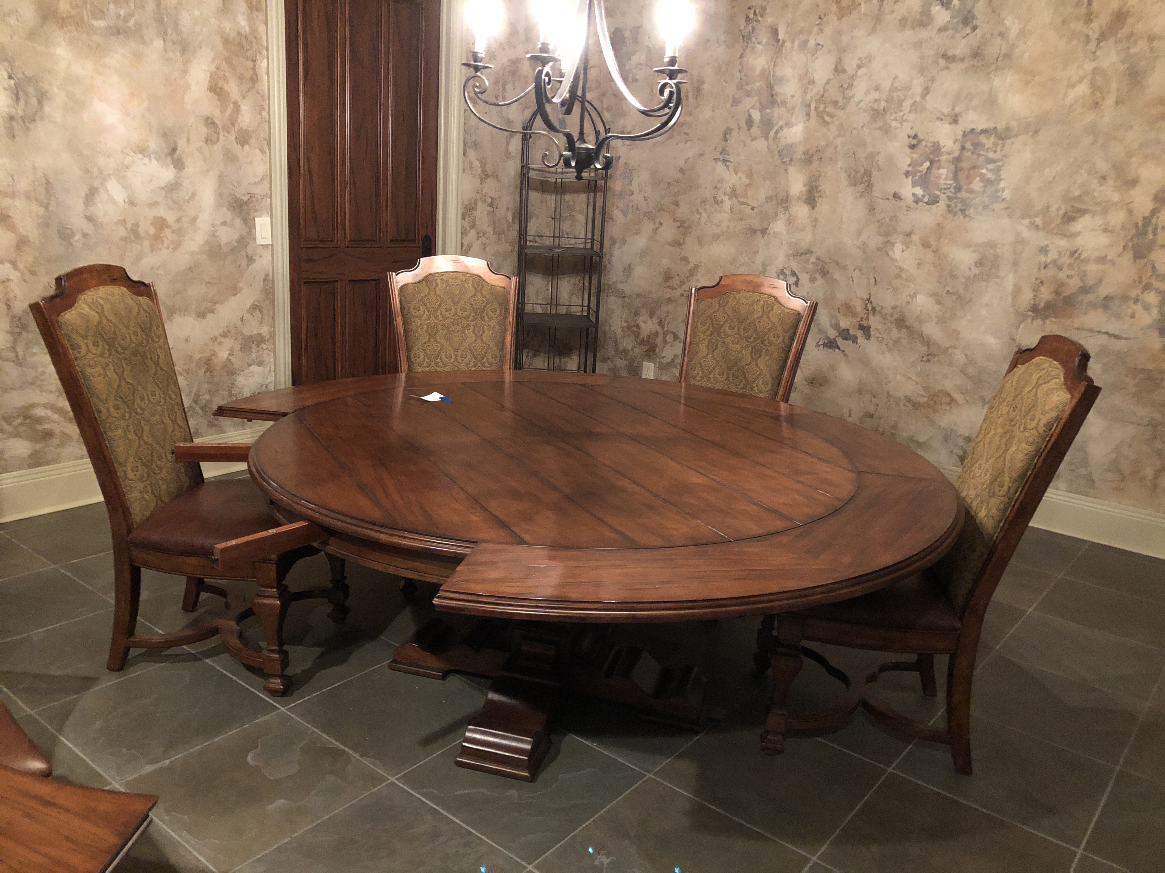 Contemporary Round Walnut Expandable Dining Table with Six Chairs by Stanley