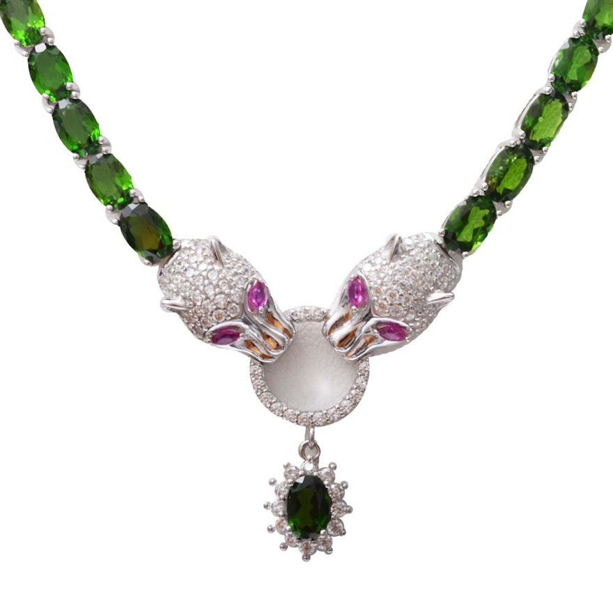 Sterling Silver and 10.00 CTW Chrome Diopside Panther Head Necklace