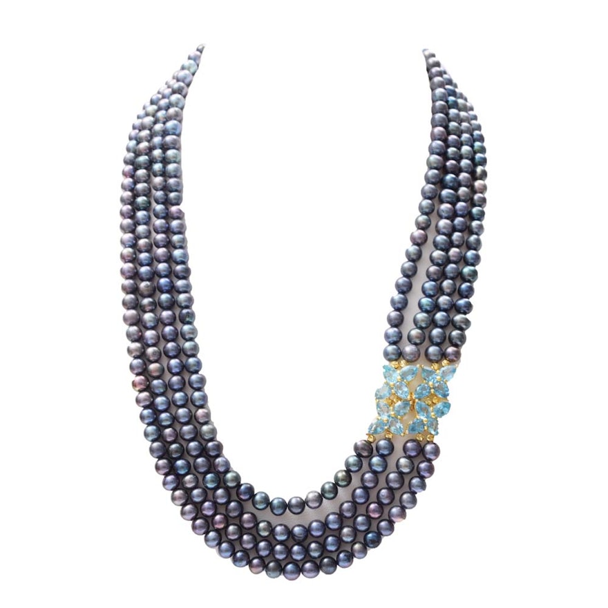 Sterling Silver, Freshwater Pearl, 12.80 CTW Blue Topaz and Sapphire Necklace