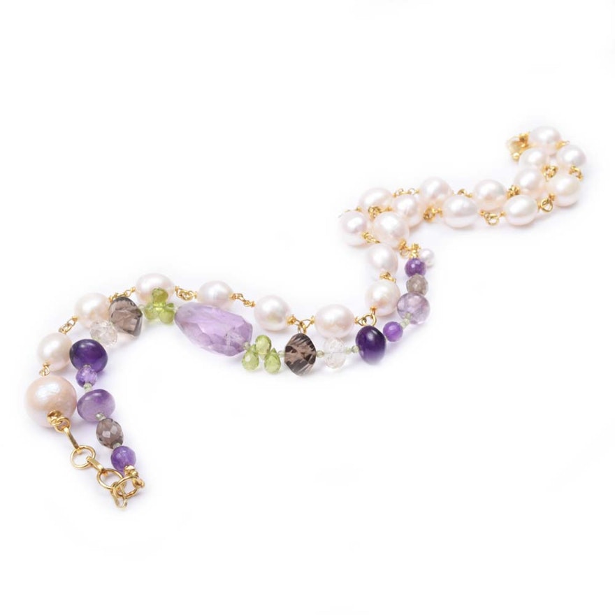 Sterling Silver, Freshwater Pearl and Multi - Gemstone Bead Necklace
