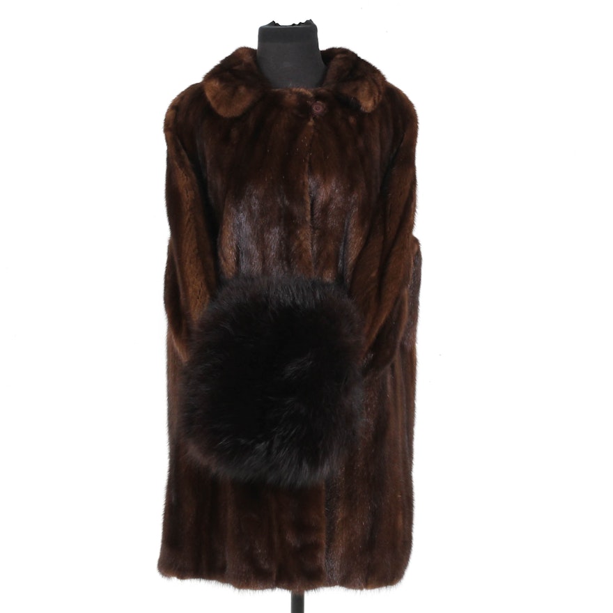 Vintage Mahogany Mink Fur Coat with Black Fox Fur Muff